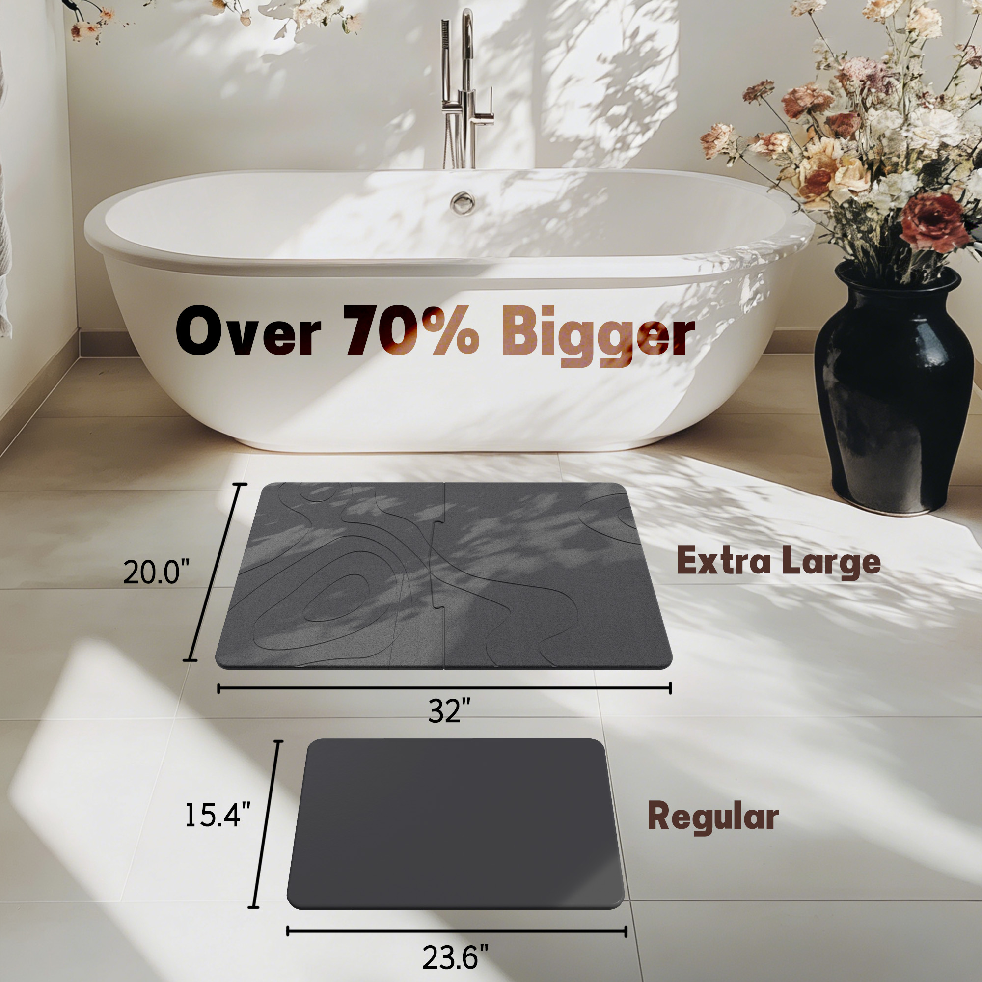 Stone Bath Mat Diatomaceous Earth Shower Mat Non-Slip Super Absorbent Diatomite Stone Bath Mats for Bathroom Floor Quick Drying Natural Easy to Clean (23.5 x 15) , 2pcs