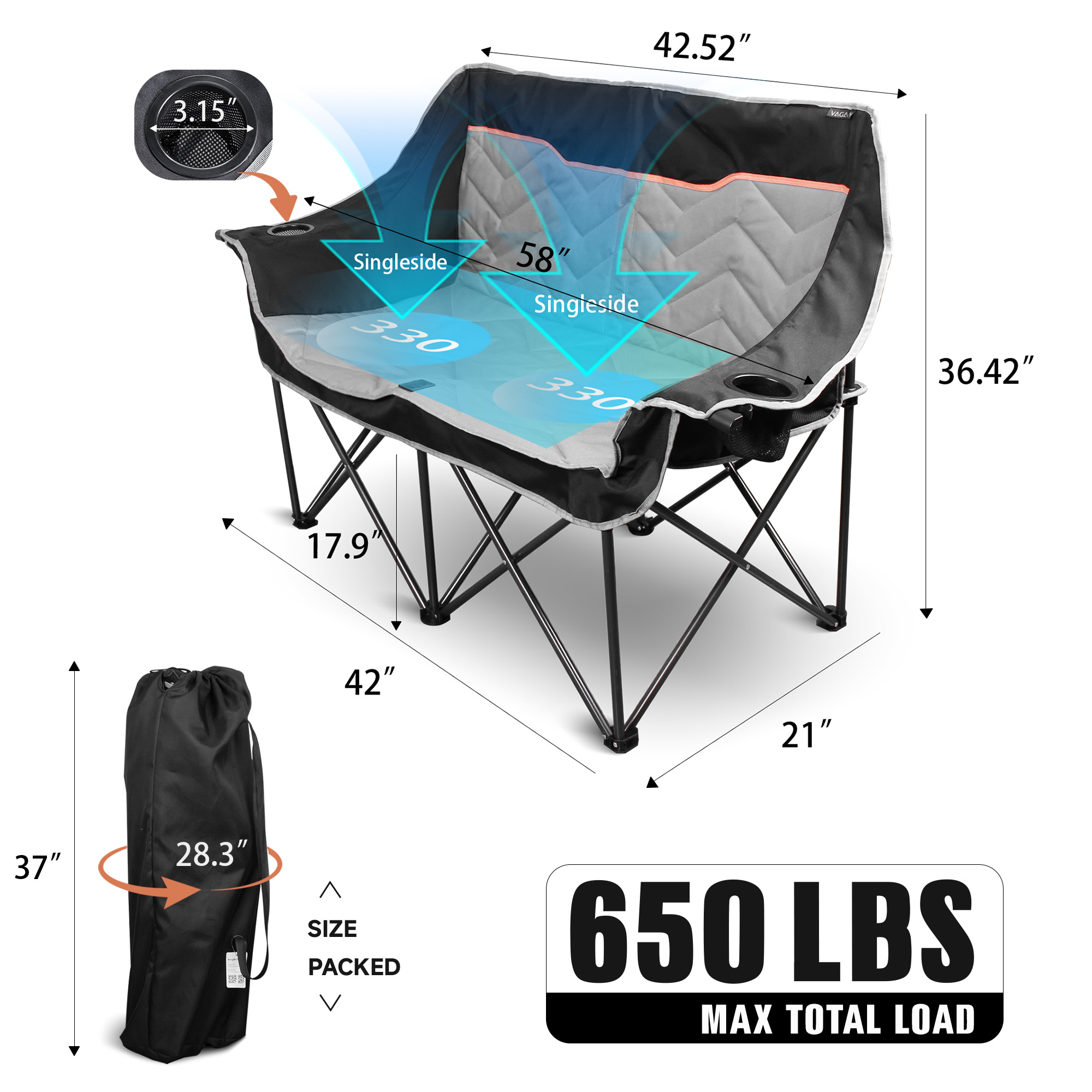 Oversized Fully Padded Camping Chair, Heavy Duty 650LB Folding Camping Loveseat, Quad Fold Double Camping Couch with Cup Holders & Carry Bag for Outdoor, Lawn, Sports Events