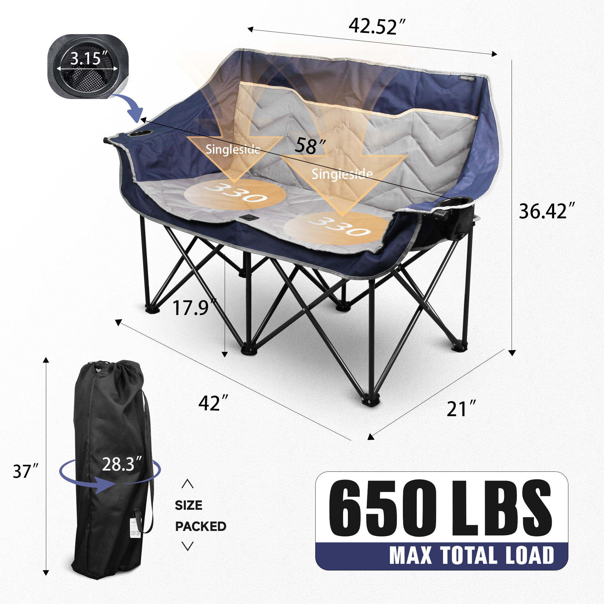 Oversized Fully Padded Camping Chair, Heavy Duty 650LB Folding Camping Loveseat, Quad Fold Double Camping Couch with Cup Holders & Carry Bag for Outdoor, Lawn, Sports Events
