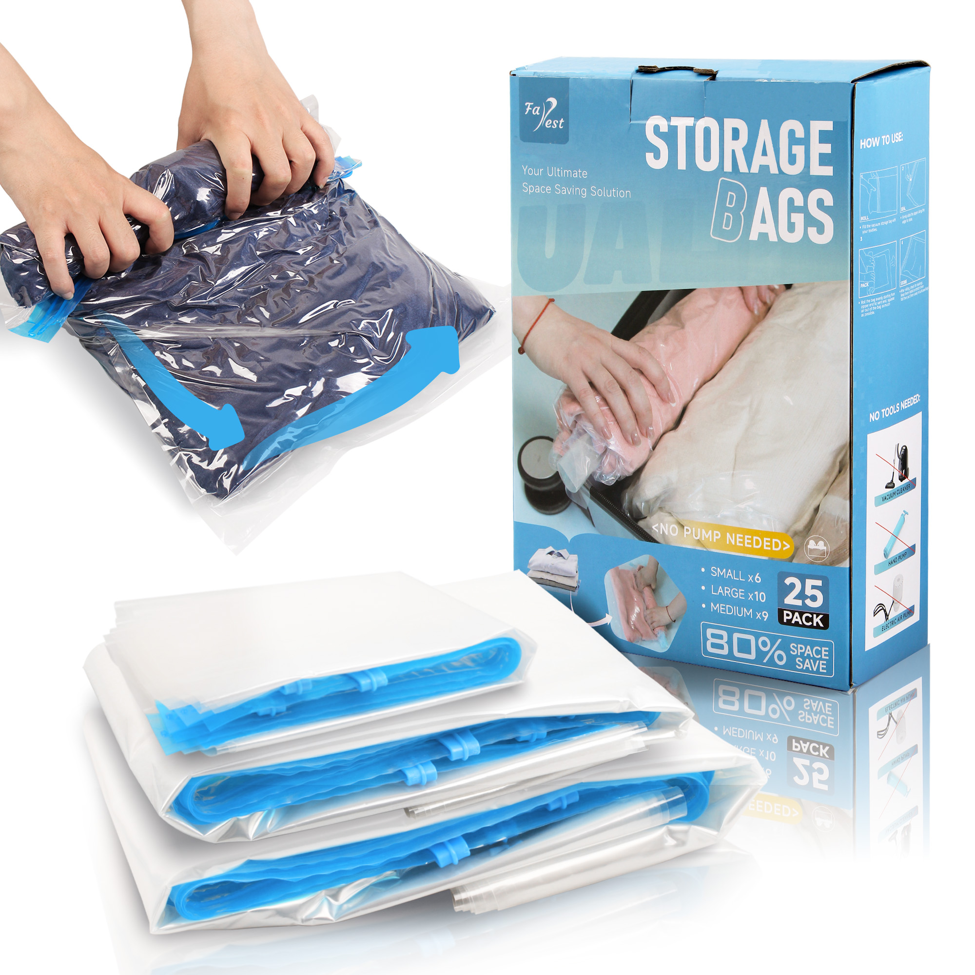 25 Pack Travel Roll Up Compression Storage Bags for Suitcases, No Pump Needed, Space Saver Compression Bags for Clothes, Home & Closet Organization