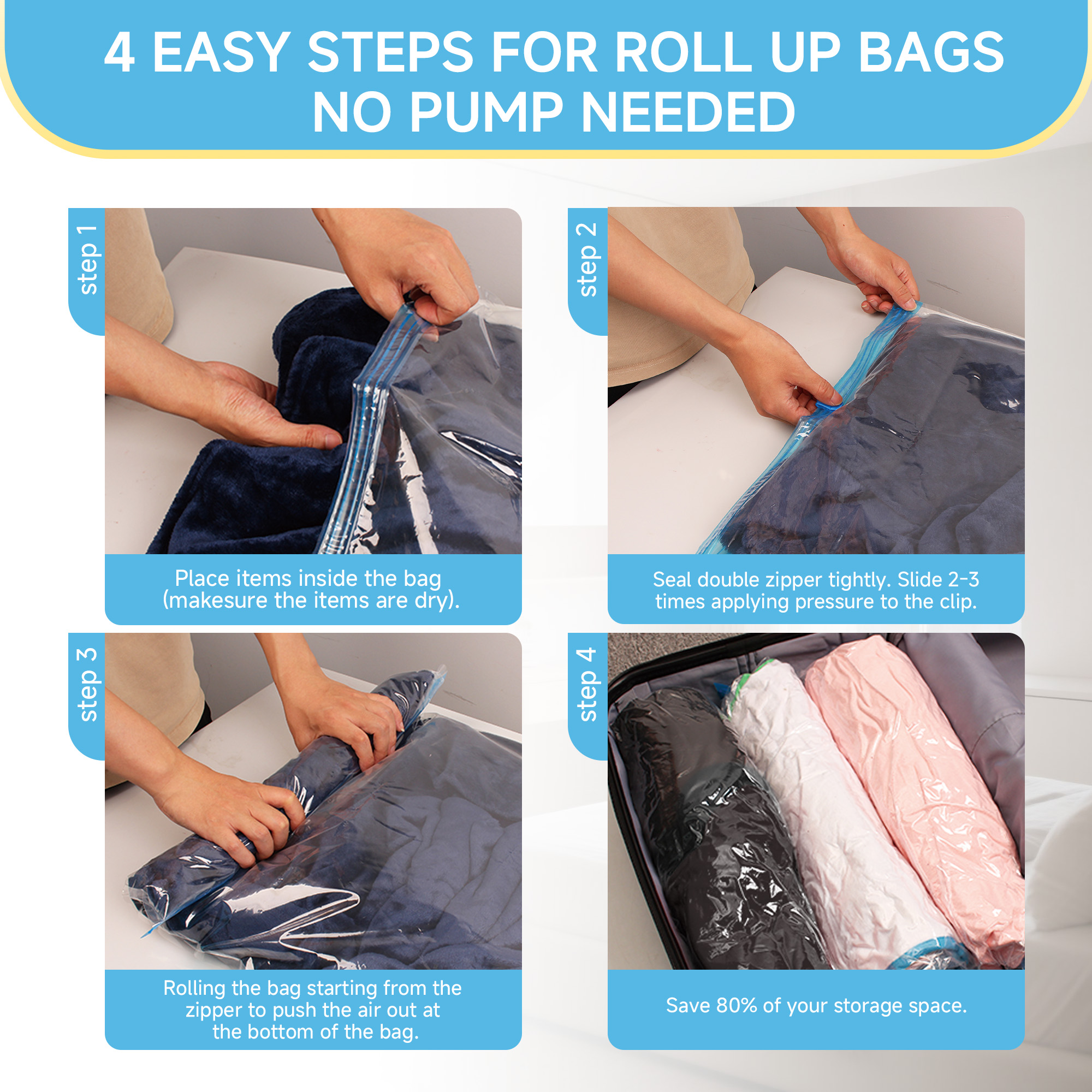 25 Pack Travel Roll Up Compression Storage Bags for Suitcases, No Pump Needed, Space Saver Compression Bags for Clothes, Home & Closet Organization