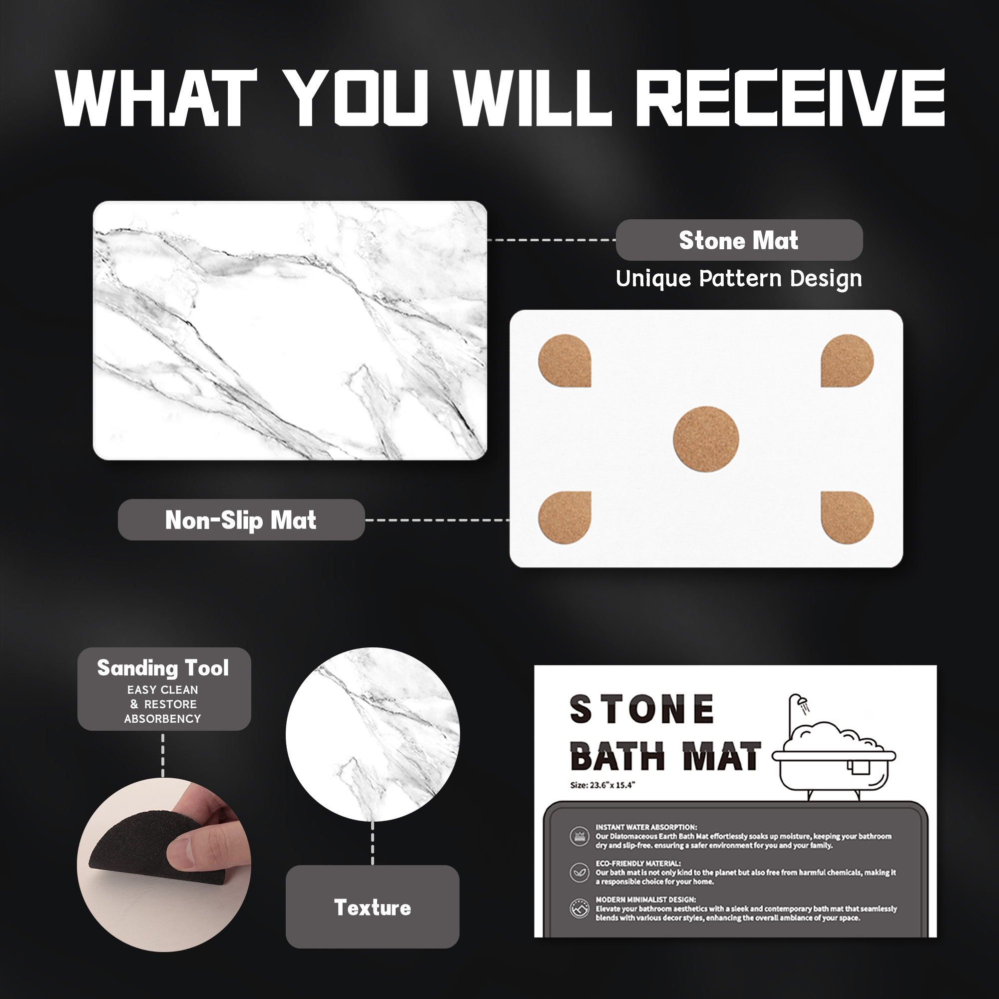 Stone Bath Mat Diatomaceous Earth Shower Mat Non-Slip Super Absorbent Diatomite Stone Bath Mats for Bathroom Floor Quick Drying Natural Easy to Clean (23.5 x 15) - Graphite, 2pcs