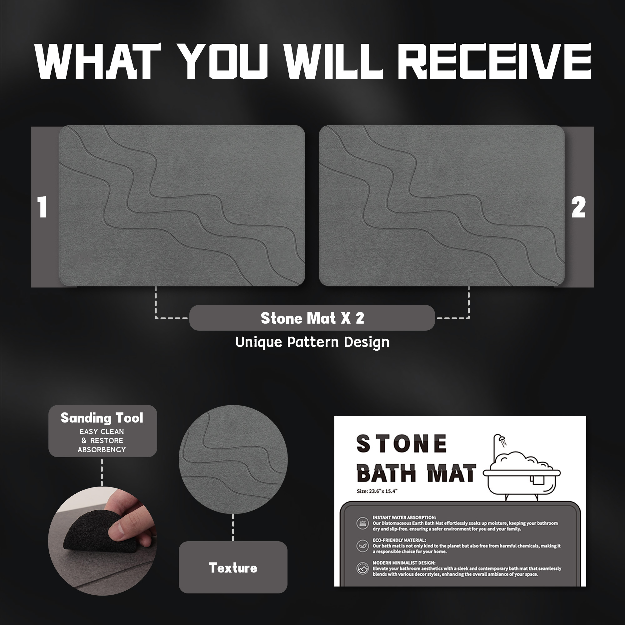 Extra Large Stone Bath Mat for Bathroom (32" x 20") | Non Slip Super Absorbent Quick Dry Diatomaceous Earth Bath Mat | XL Diatomite Stone Bath Shower Mat | Drying Mat for Kitchen Counter | Gray