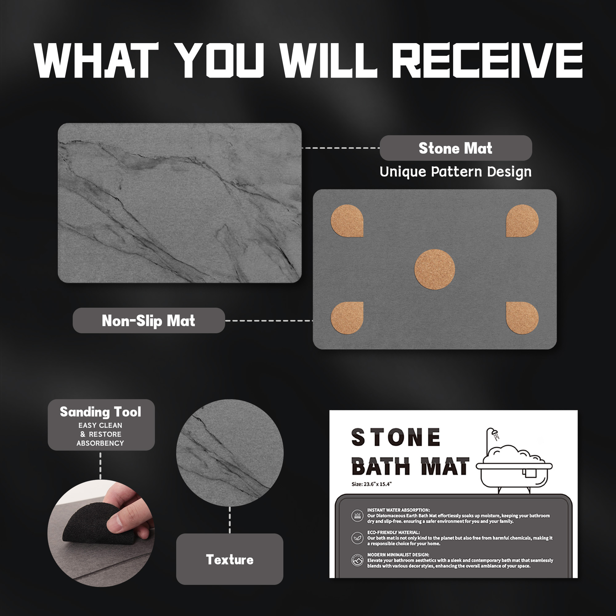 Stone Bath Mat Diatomaceous Earth Shower Mat Non-Slip Super Absorbent Diatomite Stone Bath Mats for Bathroom Floor Quick Drying Natural Easy to Clean (23.5 x 15) - Sandstone