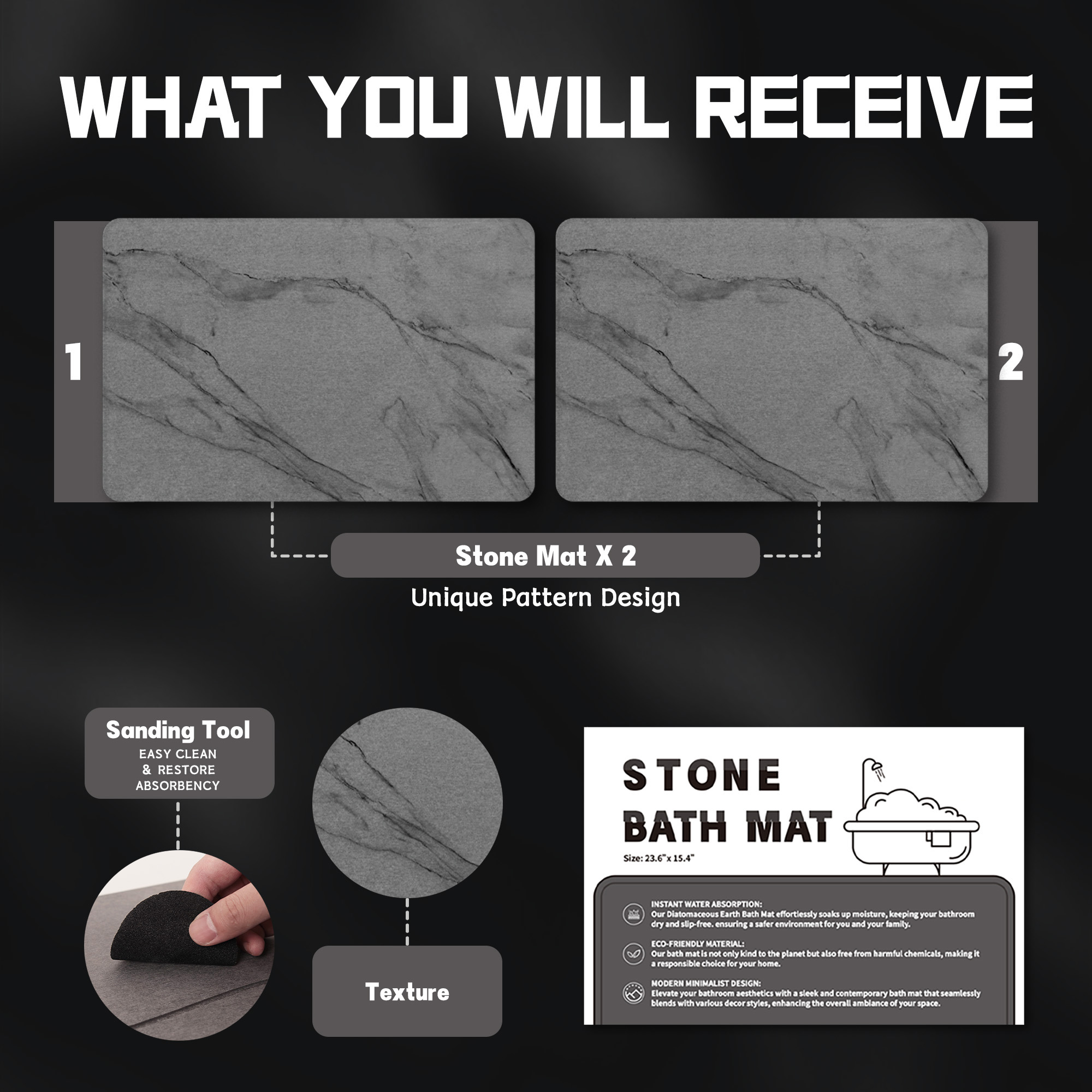 Stone Bath Mat Diatomaceous Earth Shower Mat Non-Slip Super Absorbent Diatomite Stone Bath Mats for Bathroom Floor Quick Drying Natural Easy to Clean (23.5 x 15) - Sandstone
