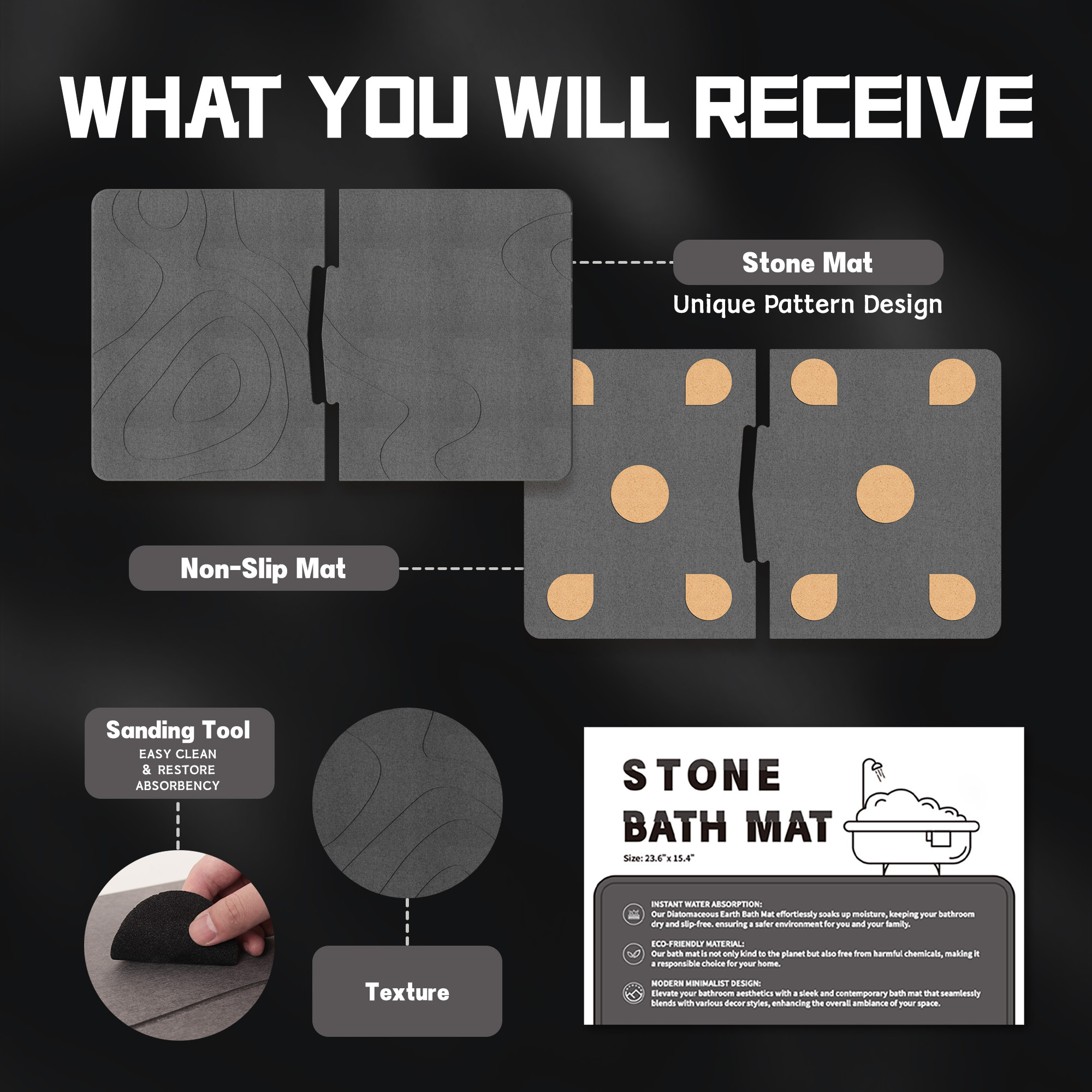 Stone Bath Mat Diatomaceous Earth Shower Mat Non-Slip Super Absorbent Diatomite Stone Bath Mats for Bathroom Floor Quick Drying Natural Easy to Clean (23.5 x 15) , 2pcs