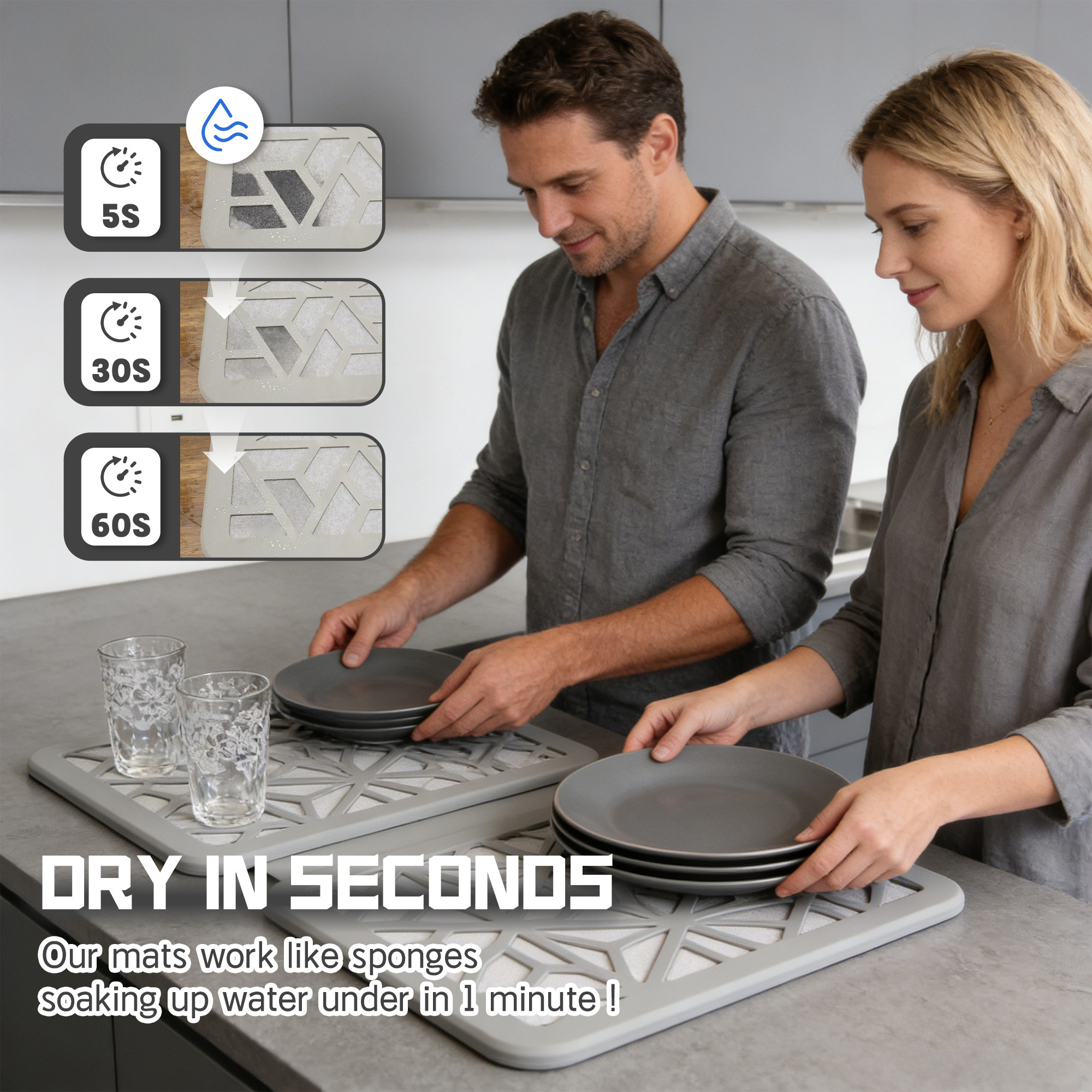 Large Stone Drying Mat for Kitchen Counter, Easier Cleanup - Smart hinge design, Quick-Dry Non-Slip Counter Protector for Dishes, Cups & Bottles
