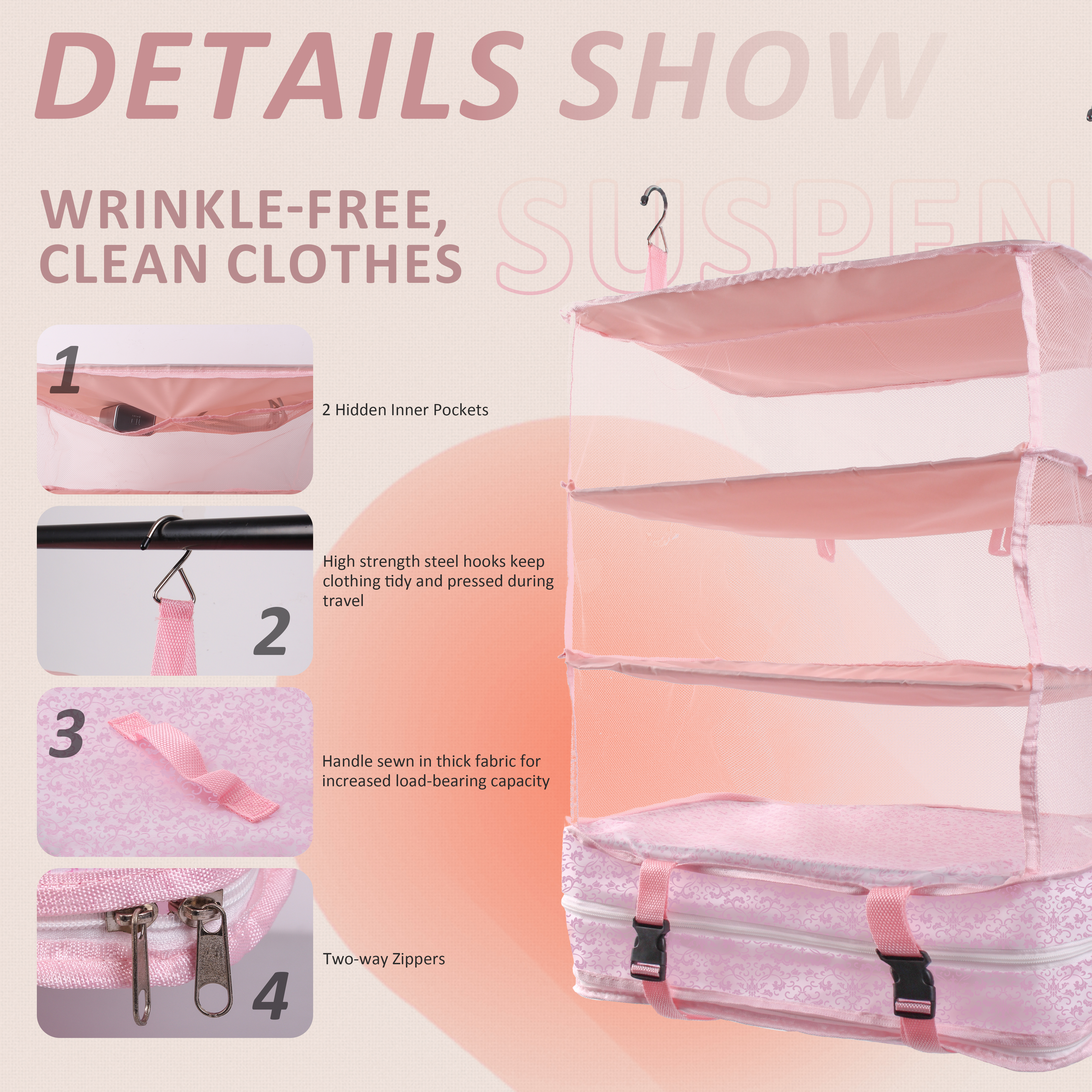 FaRest Polyester Hanging Packing Organizer, Pink, 1 Count