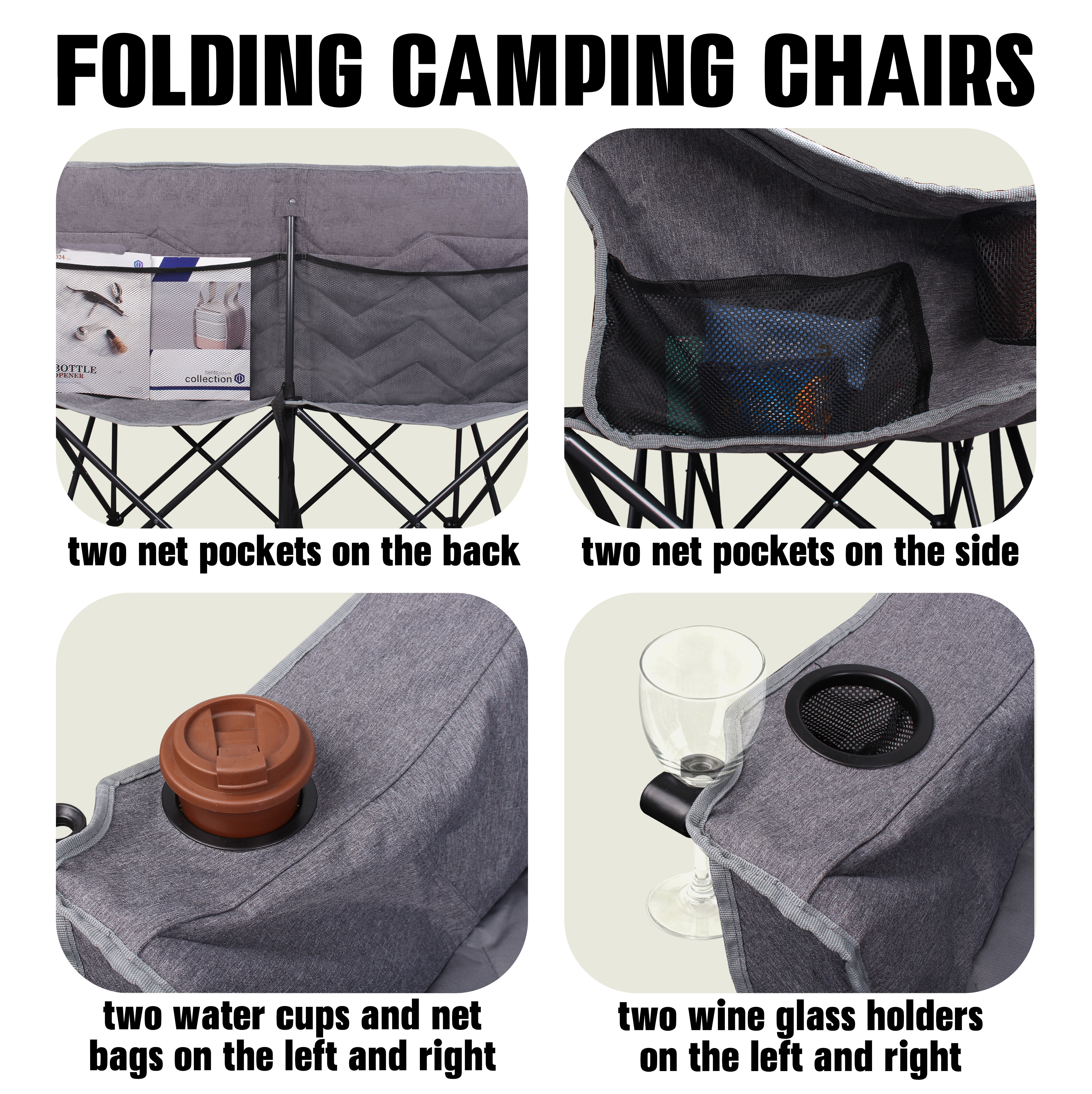 Oversized Fully Padded Camping Chair, Heavy Duty 650LB Folding Camping Loveseat, Quad Fold Double Camping Couch with Cup Holders & Carry Bag for Outdoor, Lawn, Sports Events