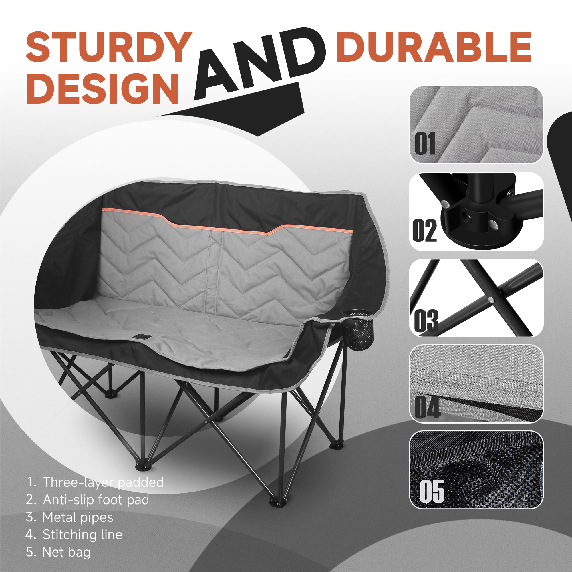 Oversized Fully Padded Camping Chair, Heavy Duty 650LB Folding Camping Loveseat, Quad Fold Double Camping Couch with Cup Holders & Carry Bag for Outdoor, Lawn, Sports Events