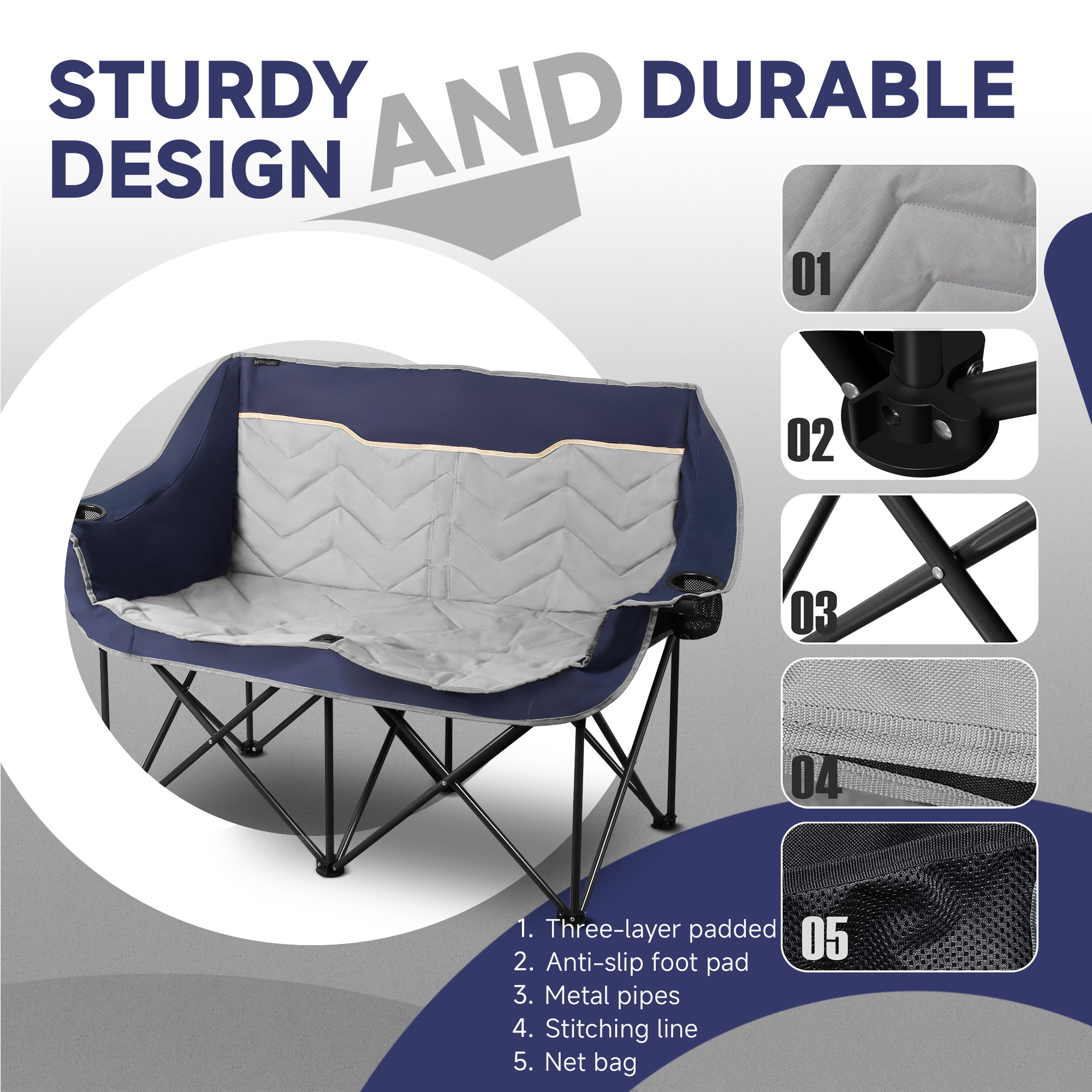 Oversized Fully Padded Camping Chair, Heavy Duty 650LB Folding Camping Loveseat, Quad Fold Double Camping Couch with Cup Holders & Carry Bag for Outdoor, Lawn, Sports Events
