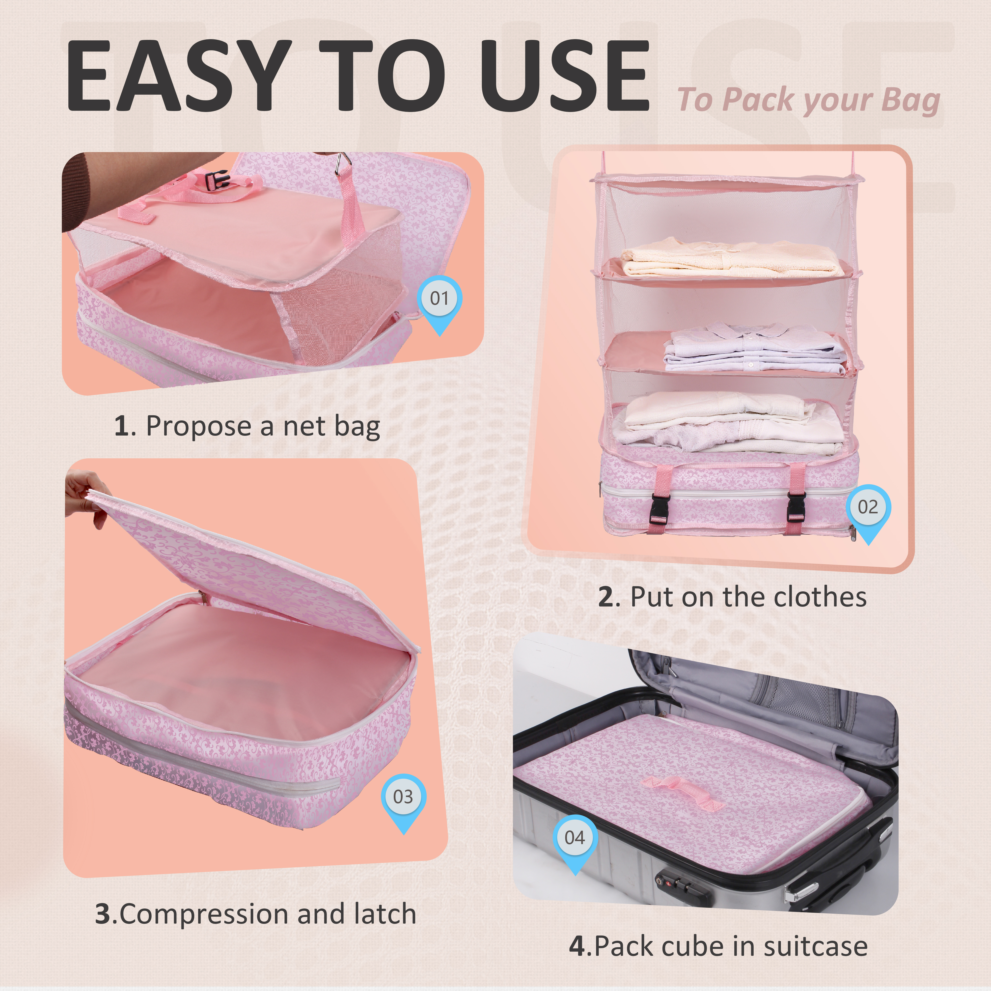 FaRest Polyester Hanging Packing Organizer, Pink, 1 Count