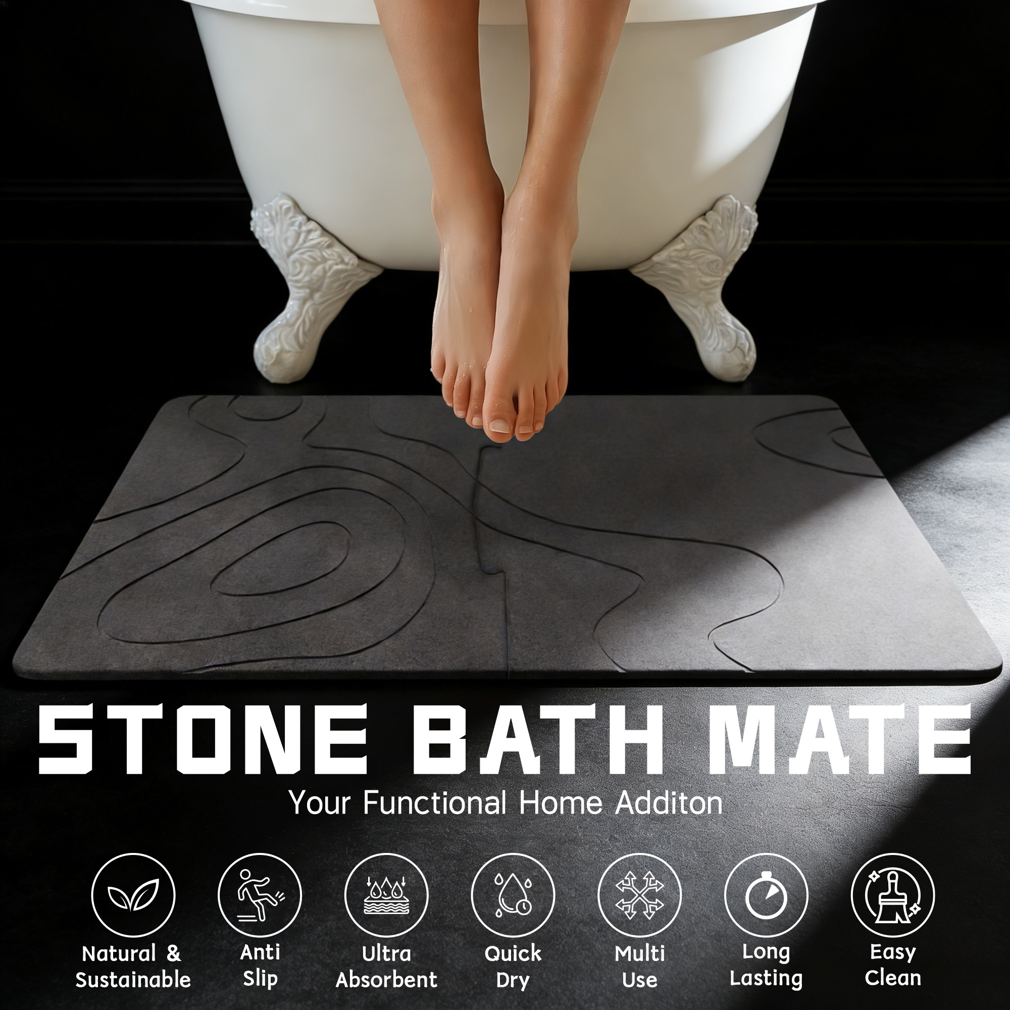 Stone Bath Mat Diatomaceous Earth Shower Mat Non-Slip Super Absorbent Diatomite Stone Bath Mats for Bathroom Floor Quick Drying Natural Easy to Clean (23.5 x 15) , 2pcs