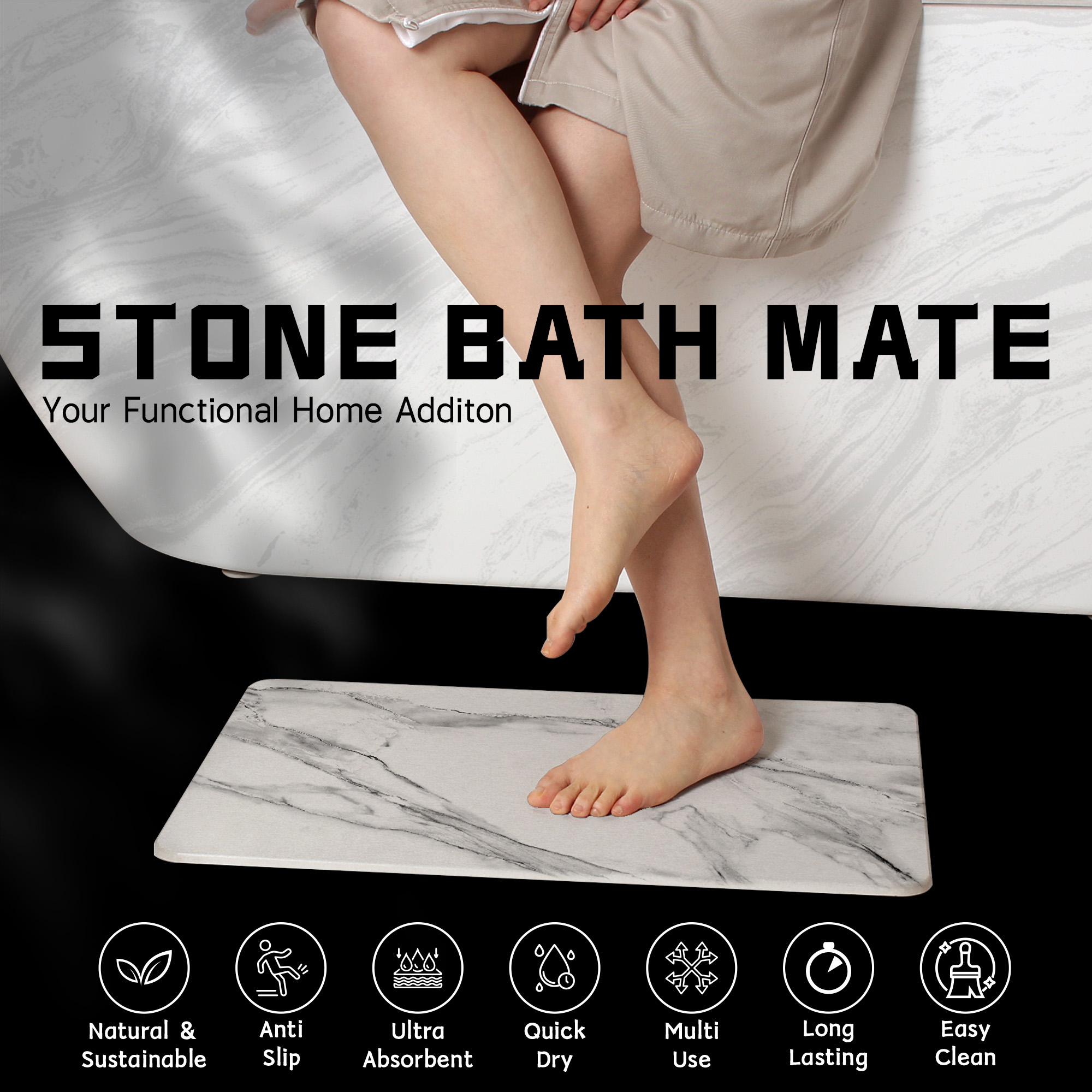 Stone Bath Mat for Bathroom Non Slip Super Absorbent Quick Dry Diatomaceous Earth Bath Mat | Diatomite Stone Bath Shower Mat | Drying Mat for Kitchen Counter | Gray