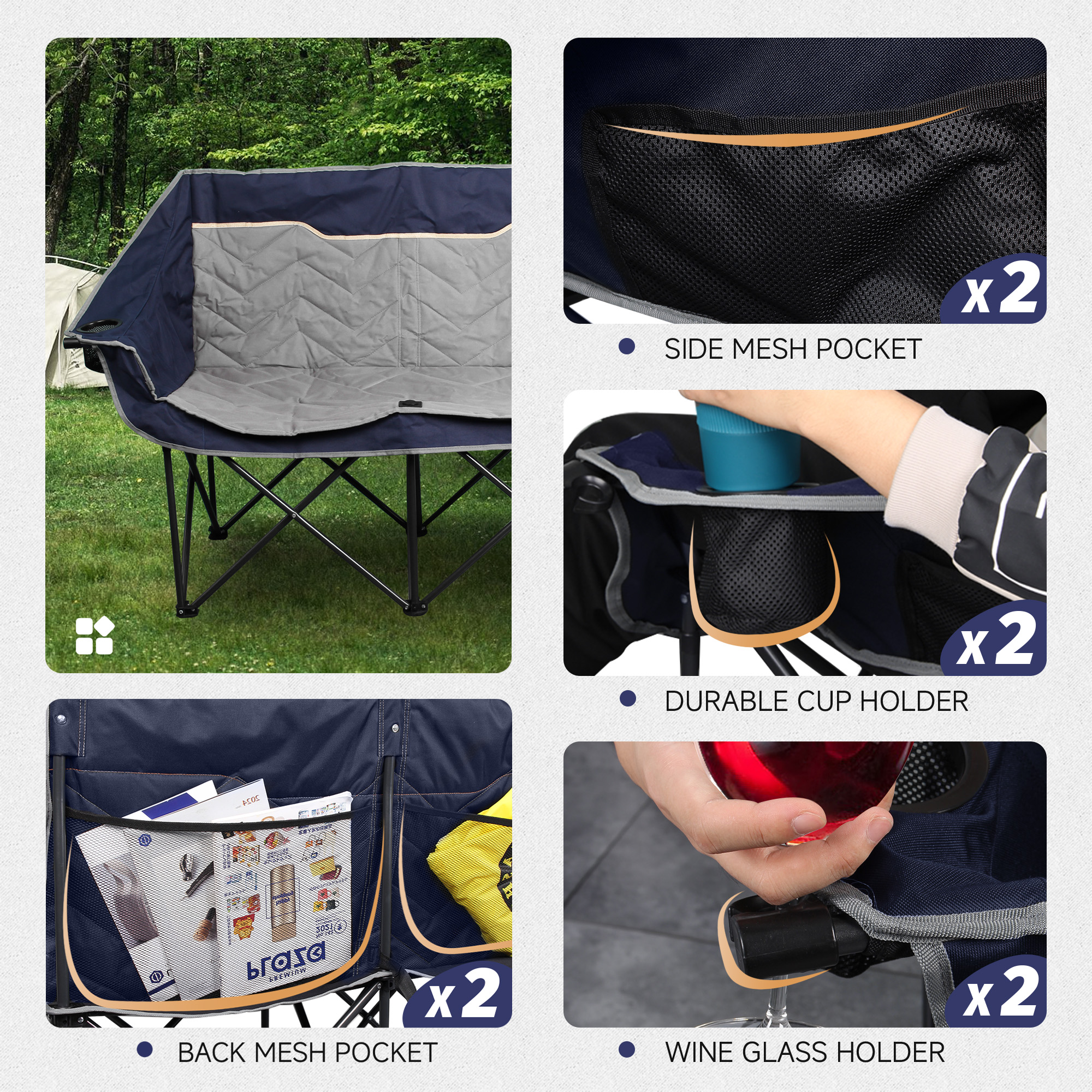 Oversized Fully Padded Camping Chair, Heavy Duty 650LB Folding Camping Loveseat, Quad Fold Double Camping Couch with Cup Holders & Carry Bag for Outdoor, Lawn, Sports Events