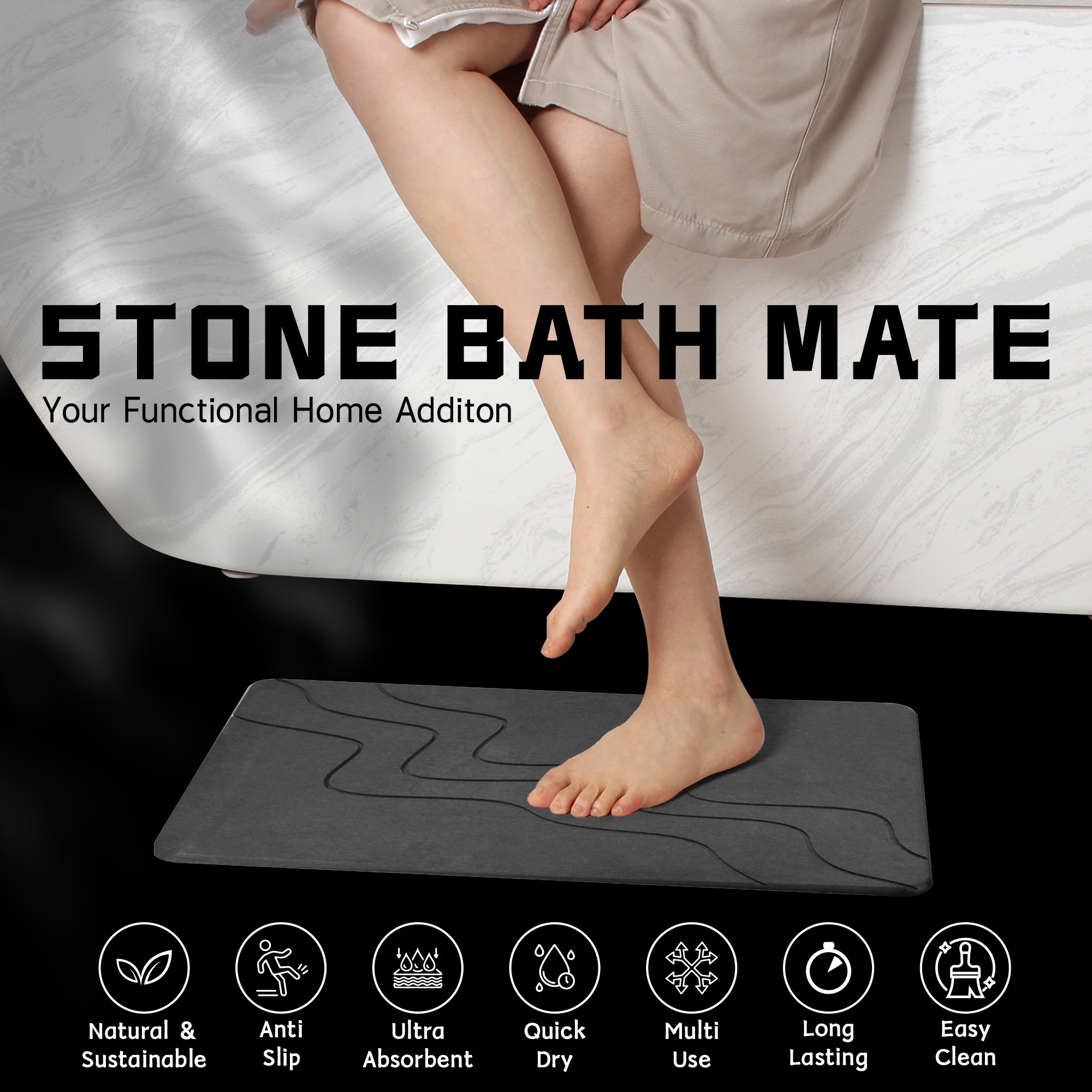 Extra Large Stone Bath Mat for Bathroom (32" x 20") | Non Slip Super Absorbent Quick Dry Diatomaceous Earth Bath Mat | XL Diatomite Stone Bath Shower Mat | Drying Mat for Kitchen Counter | Gray