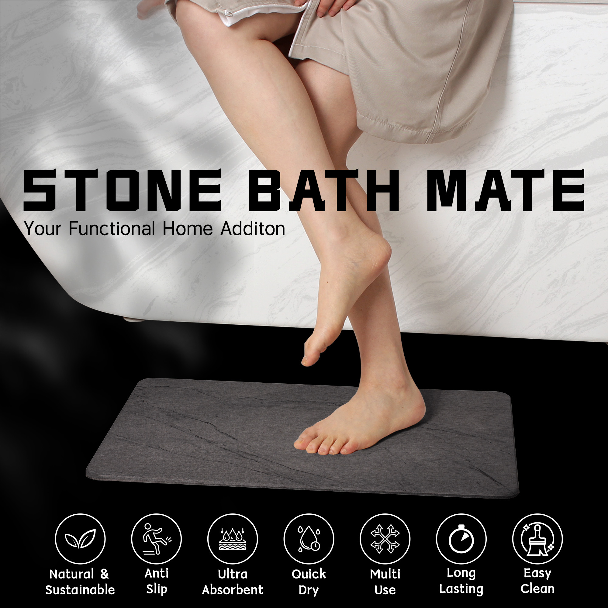 Stone Bath Mat Diatomaceous Earth Shower Mat Non-Slip Super Absorbent Diatomite Stone Bath Mats for Bathroom Floor Quick Drying Natural Easy to Clean (23.5 x 15) - Sandstone