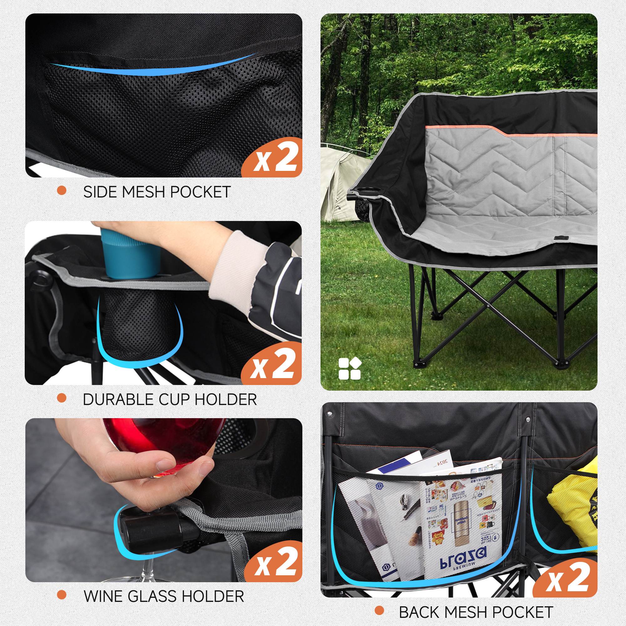 Oversized Fully Padded Camping Chair, Heavy Duty 650LB Folding Camping Loveseat, Quad Fold Double Camping Couch with Cup Holders & Carry Bag for Outdoor, Lawn, Sports Events
