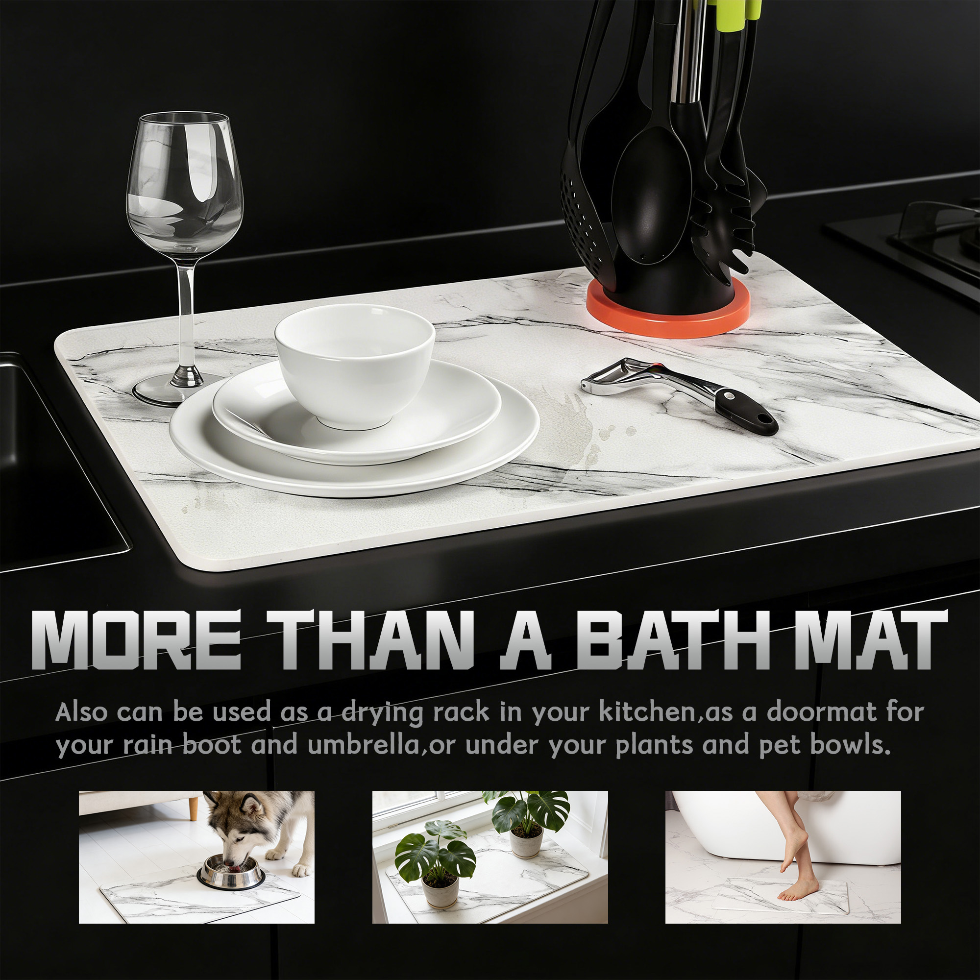 Stone Bath Mat Diatomaceous Earth Shower Mat Non-Slip Super Absorbent Diatomite Stone Bath Mats for Bathroom Floor Quick Drying Natural Easy to Clean (23.5 x 15) - Graphite, 2pcs