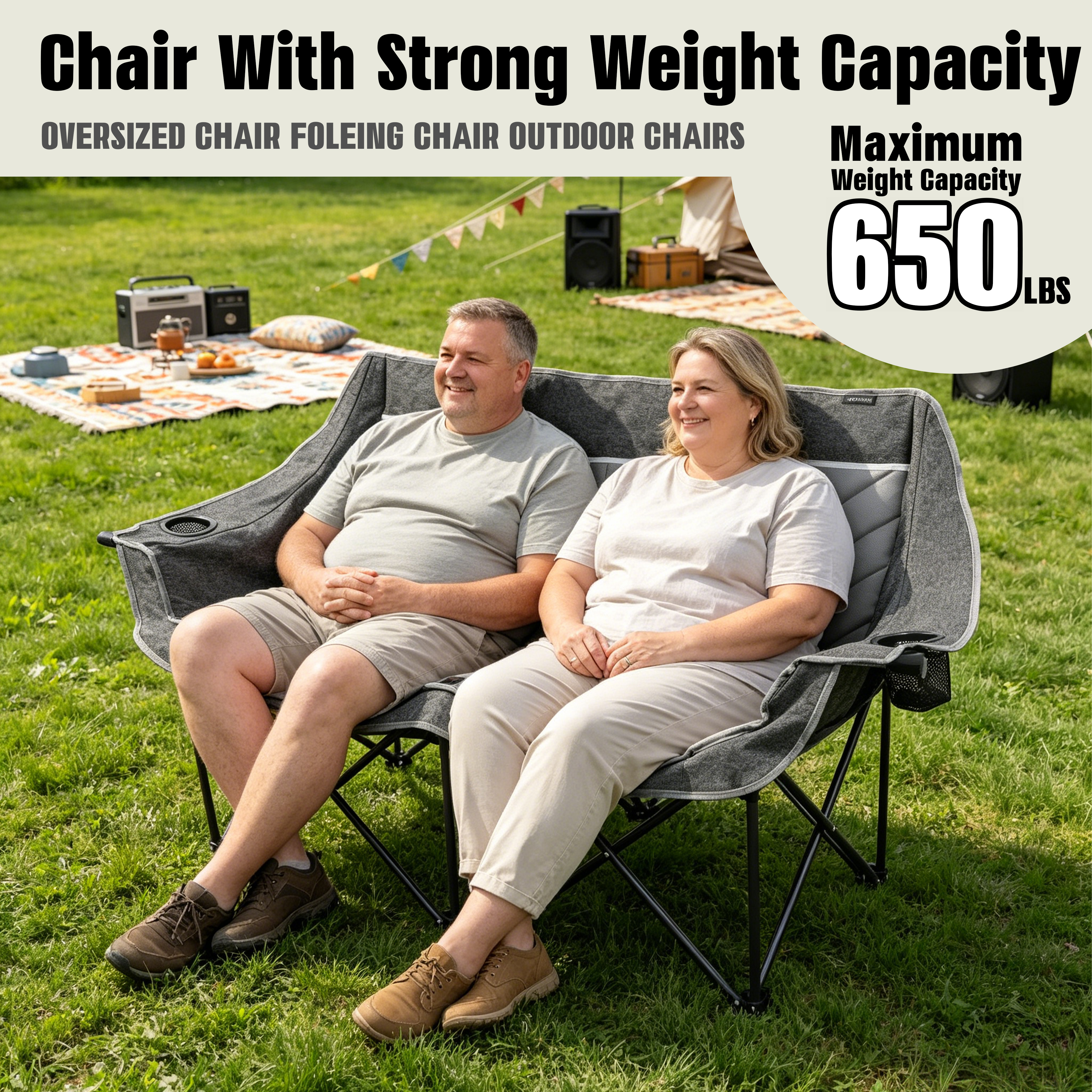 Oversized Fully Padded Camping Chair, Heavy Duty 650LB Folding Camping Loveseat, Quad Fold Double Camping Couch with Cup Holders & Carry Bag for Outdoor, Lawn, Sports Events