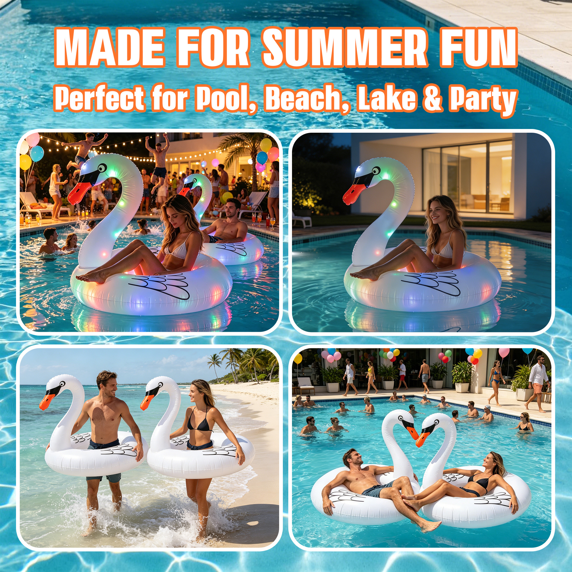 Solar Inflatable Swan Pool Floats with Lights, LED RGB Color Changing Light Up Pool Floats Adult, 42'' Large Swan Pool Floaties, Lake Floats Summer Pool Raft Lounge for Adults