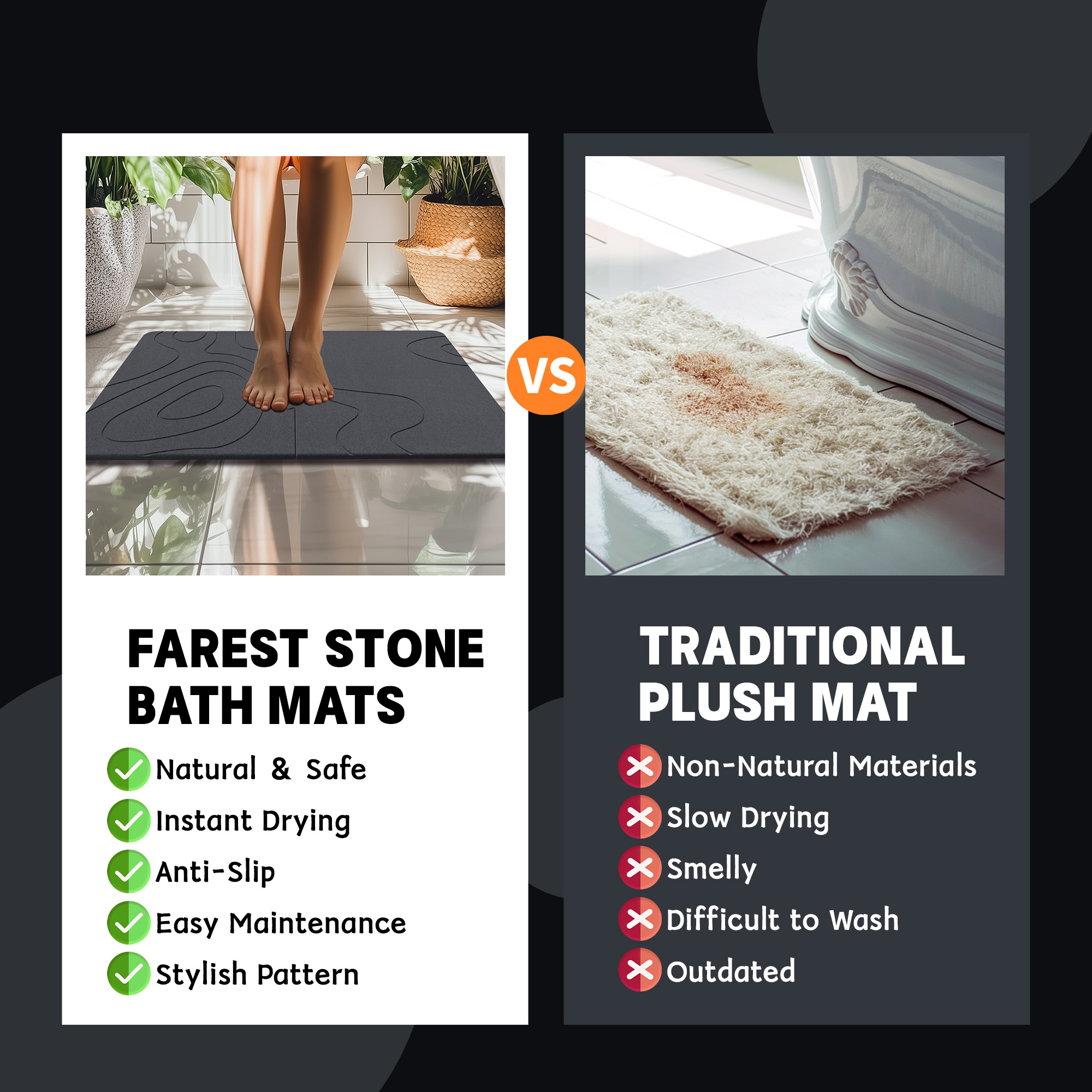 Stone Bath Mat Diatomaceous Earth Shower Mat Non-Slip Super Absorbent Diatomite Stone Bath Mats for Bathroom Floor Quick Drying Natural Easy to Clean (23.5 x 15) , 2pcs