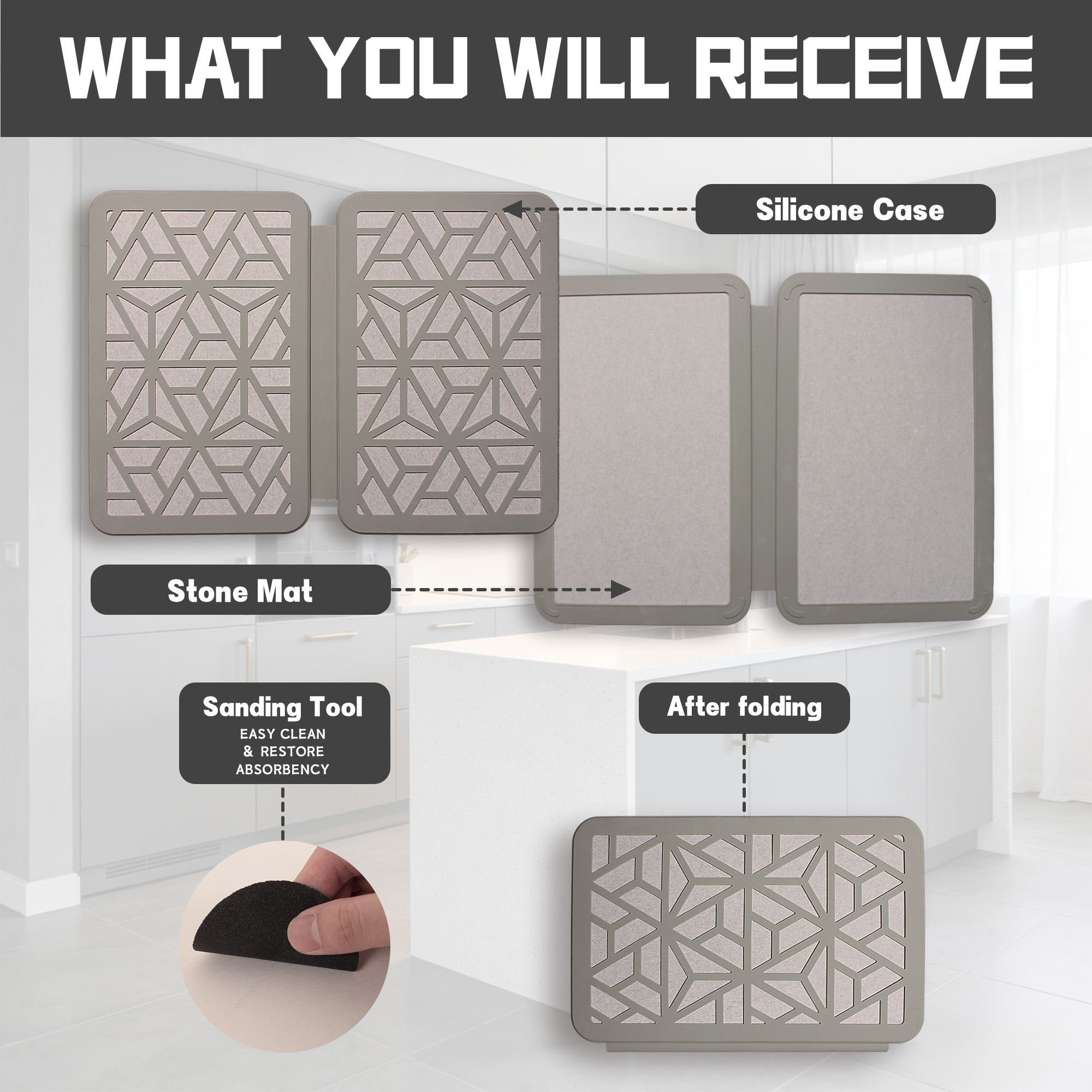 Large Stone Drying Mat for Kitchen Counter, Easier Cleanup - Smart hinge design, Quick-Dry Non-Slip Counter Protector for Dishes, Cups & Bottles