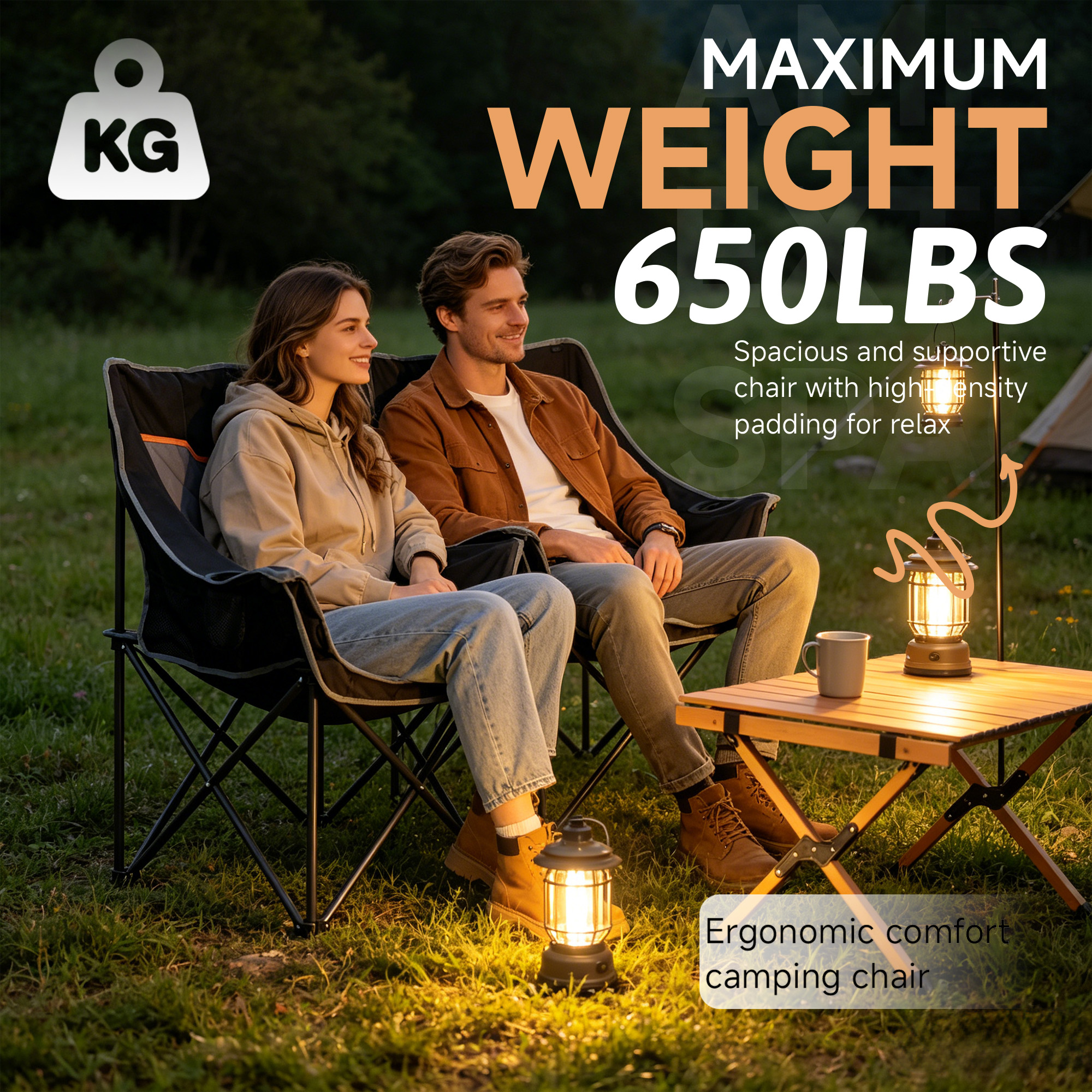 Oversized Fully Padded Camping Chair, Heavy Duty 650LB Folding Camping Loveseat, Quad Fold Double Camping Couch with Cup Holders & Carry Bag for Outdoor, Lawn, Sports Events