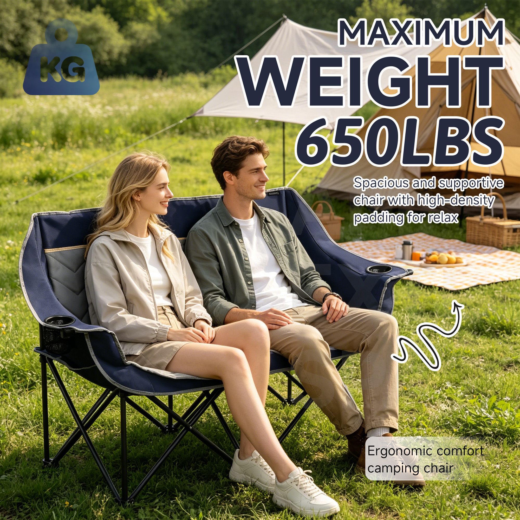 Oversized Fully Padded Camping Chair, Heavy Duty 650LB Folding Camping Loveseat, Quad Fold Double Camping Couch with Cup Holders & Carry Bag for Outdoor, Lawn, Sports Events