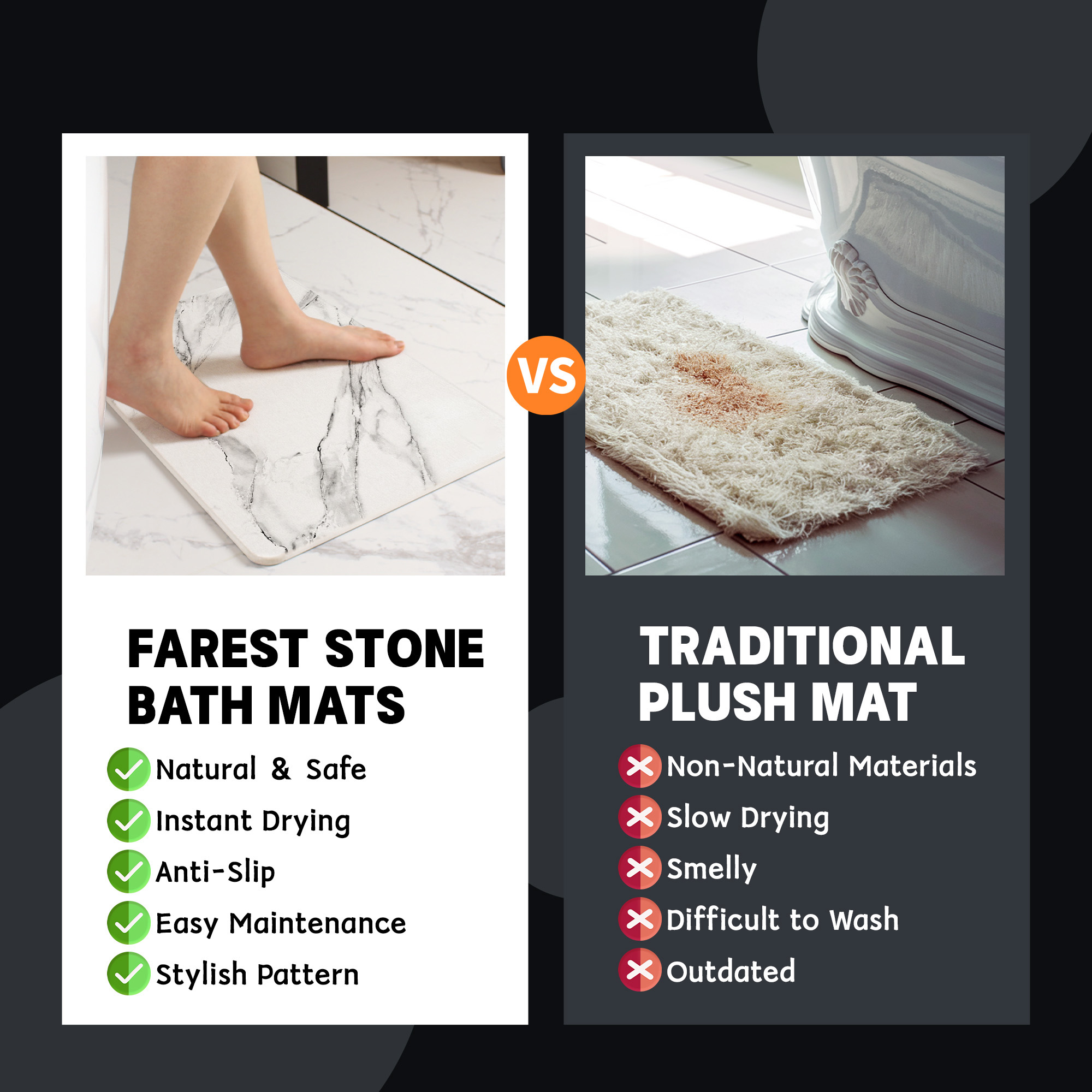 Stone Bath Mat Diatomaceous Earth Shower Mat Non-Slip Super Absorbent Diatomite Stone Bath Mats for Bathroom Floor Quick Drying Natural Easy to Clean (23.5 x 15) - Graphite, 2pcs