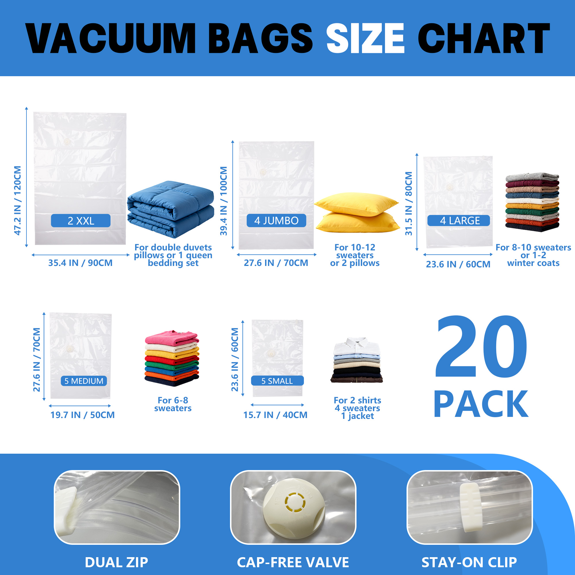 20 Pack Vacuum Storage Bags Space Saver Bags (2 XXL/4 Jumbo/4 Large/5 Medium/5 Small) Compression for Comforters and Blankets Sealer Clothes Storage