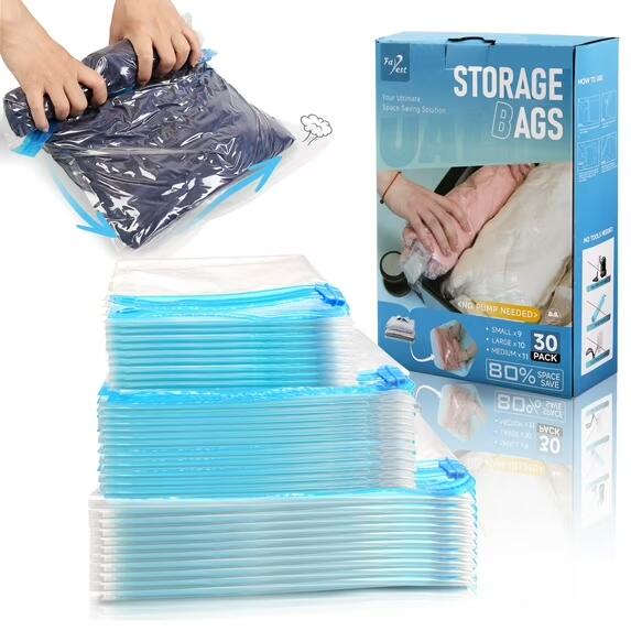 30 Pack Travel Roll up Compression Storage Bags for Suitcases, No Pump Needed, Space Saver Compression Bags for Clothes, Home & Closet Organization
