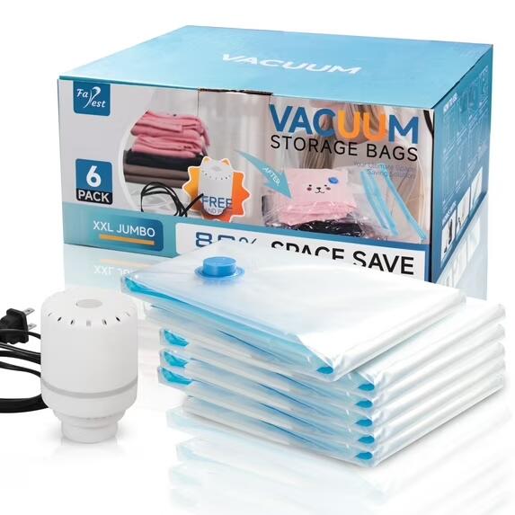 Farest 6 Pack XXL Jumbo Vacuum Storage Bags with Electric Air Pump, Space Saver Bags,Compression for Comforters and Blankets,Duvets,Pillows,Travel(47.2x35 in)