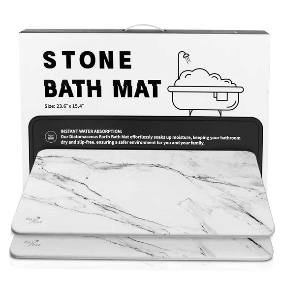 FaRest Stone Bath Mat, Diatomaceous Earth Fast-Drying Absorbent Bathroom Mat, White Marble, 2 Pack