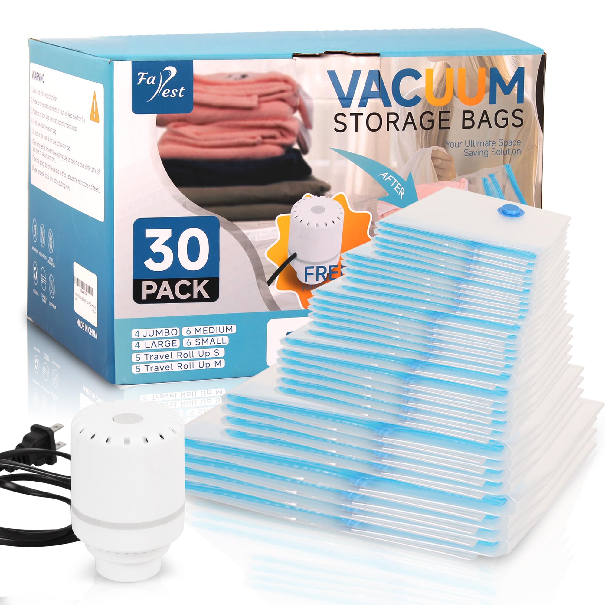 Farest 30 Pack Vacuum Storage Bags with Electric Air Pump, Space Saver for Clothes, Bedding & Travel