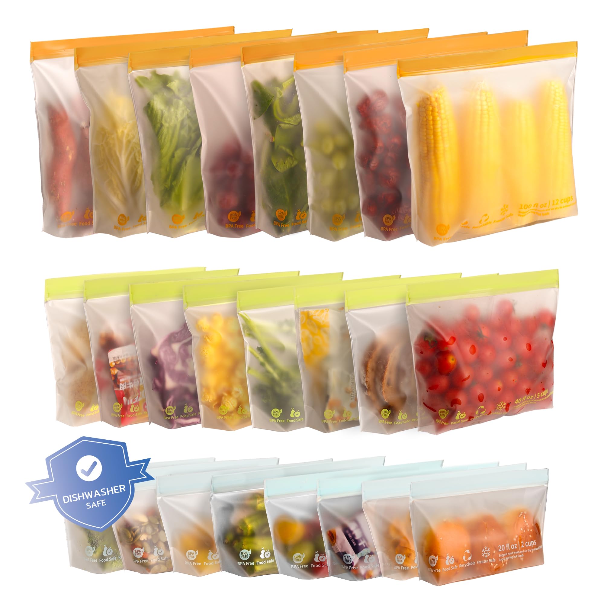 24 Pack Reusable Food Storage Bags, BPA-Free Stand up Sandwich Bags for Lunch, Fruit, Salad