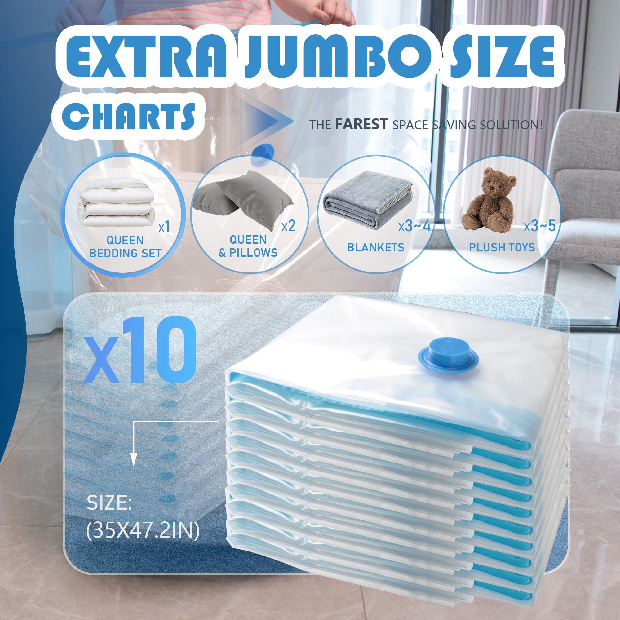 Farest 10 Pack XXL Jumbo Vacuum Storage Bags with Electric Air Pump, Space Saver Bags,Compression for Comforters and Blankets,Duvets,Pillows,Travel(47.2x35 in)
