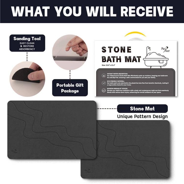 FaRest Grey Wave Stone Diatomite Bath Mat, Fast-Drying and Absorbent, 2 Pack