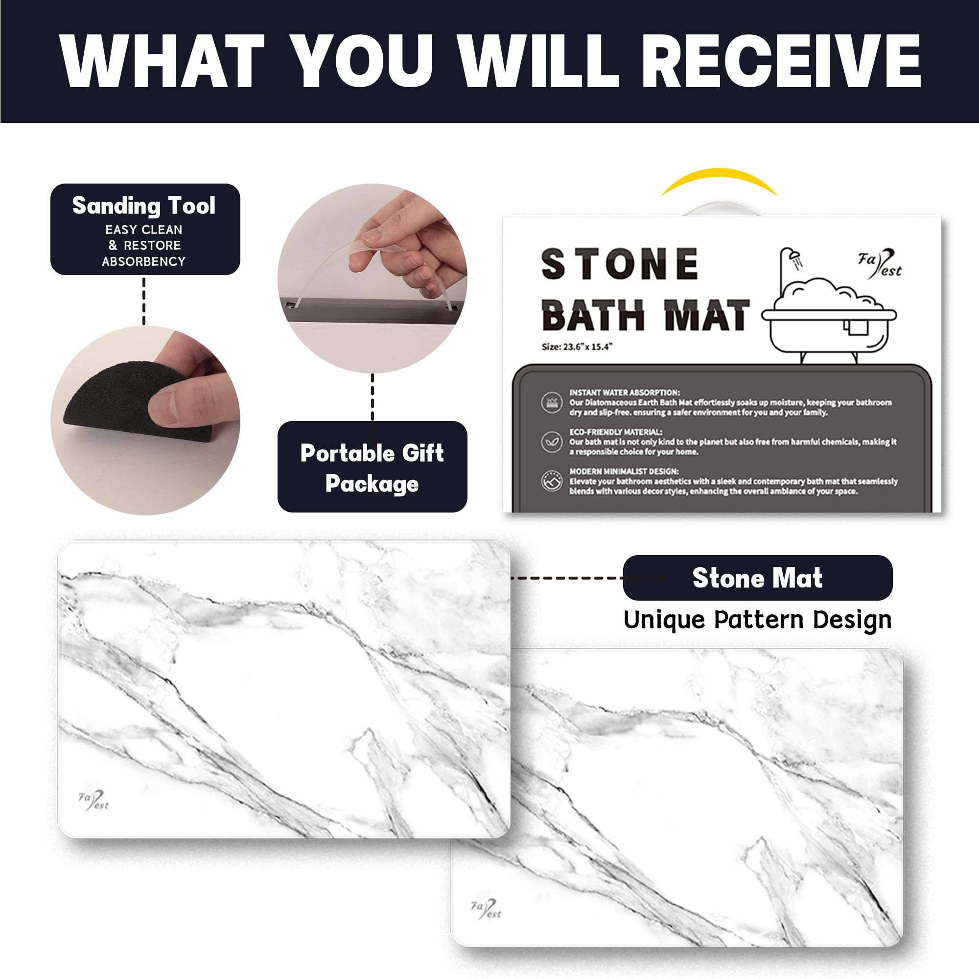 FaRest Stone Bath Mat, Diatomaceous Earth Fast-Drying Absorbent Bathroom Mat, White Marble, 2 Pack