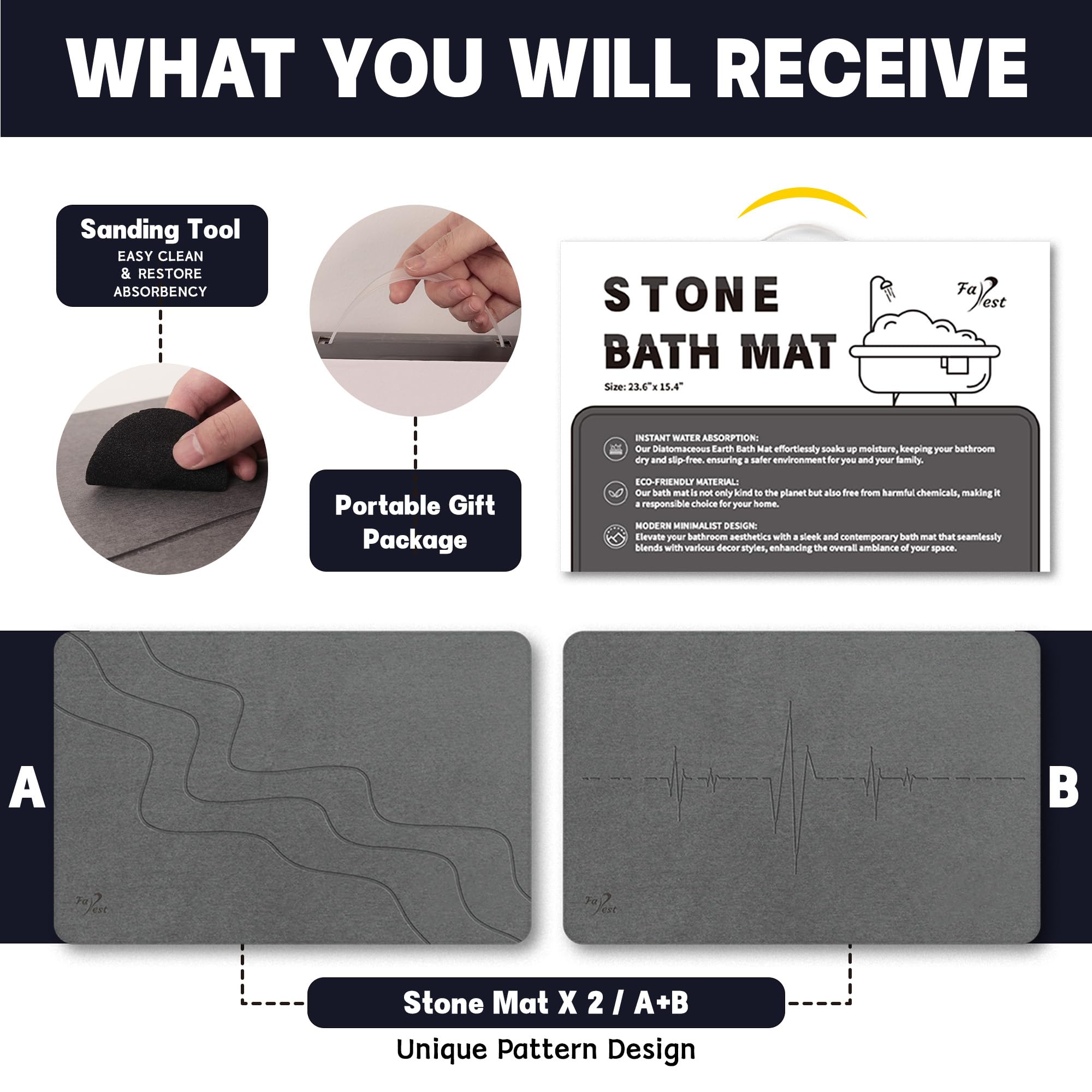 2 Pack Stone Bath Mat, Diatomaceous Earth Fast-Drying & Super Absorbent Diatomite Mats for Bathroom,Grey,23.62*15.35in