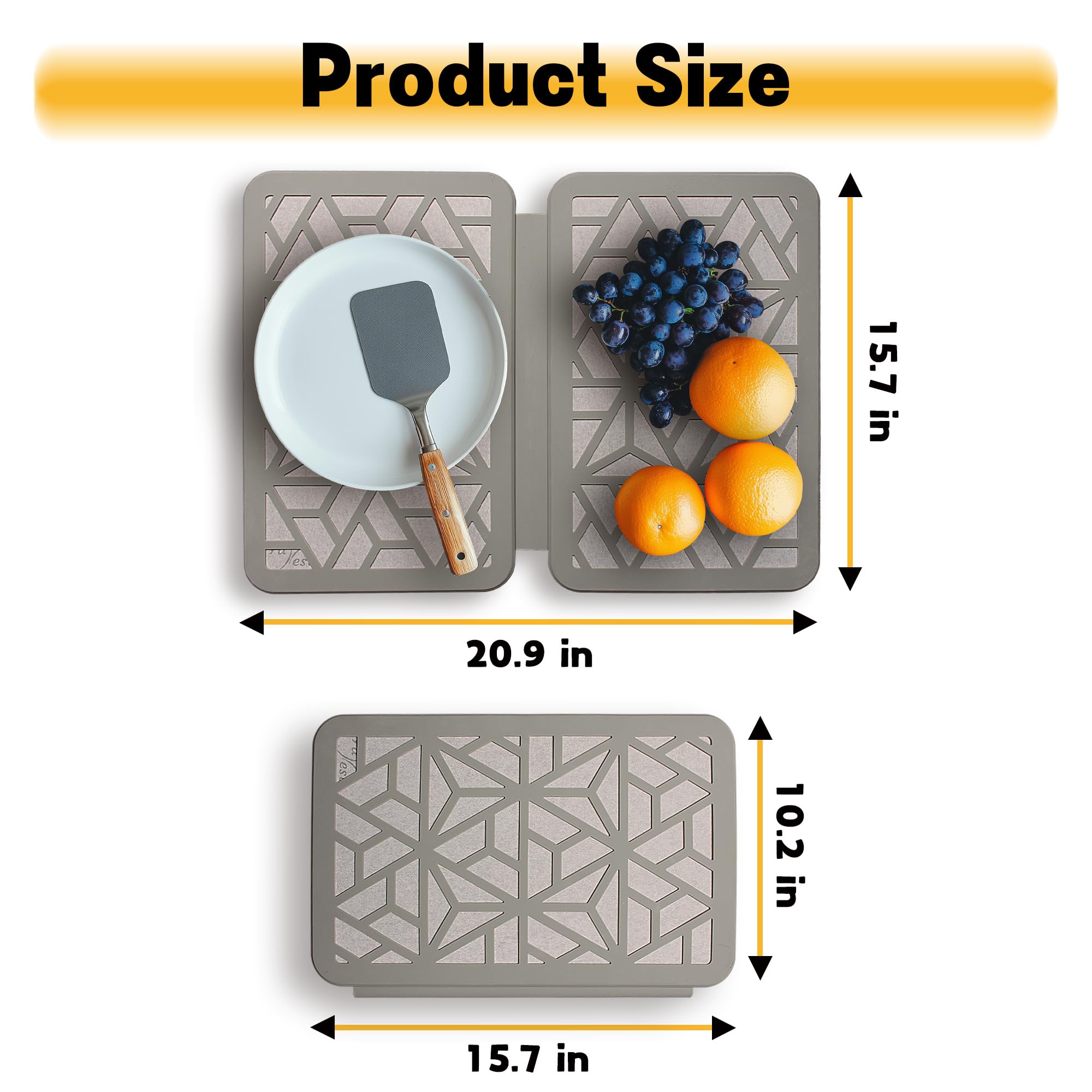 FaRest Stone Dish Drying Mat with Silicone Webbing, Quick-Dry Foldable Kitchen Pad, Light Grey