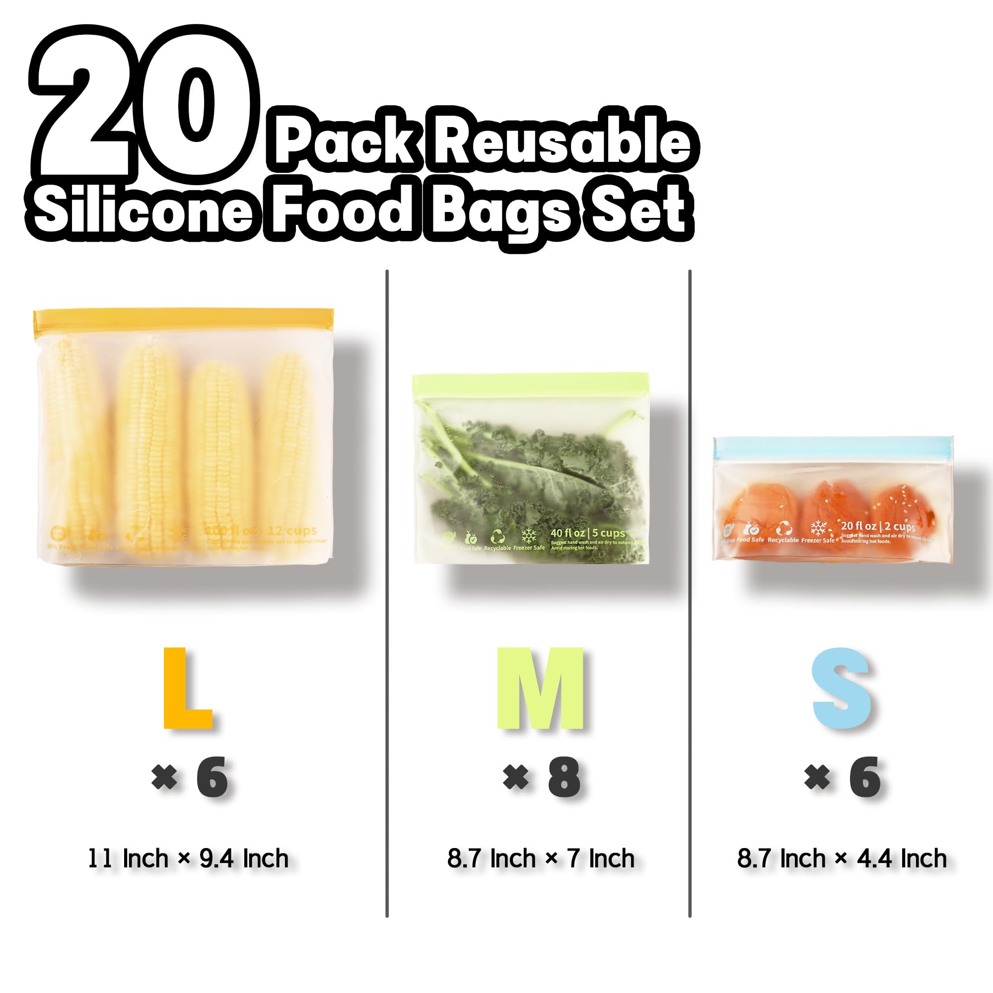 20 Pack Reusable Food Storage Bags, BPA-Free Stand up Sandwich Bags for Lunch, Fruit, Salad