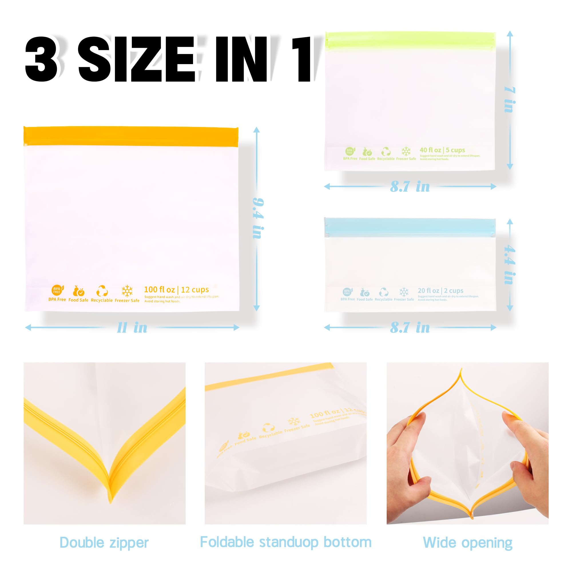 24 Pack Reusable Food Storage Bags, BPA-Free Stand up Sandwich Bags for Lunch, Fruit, Salad