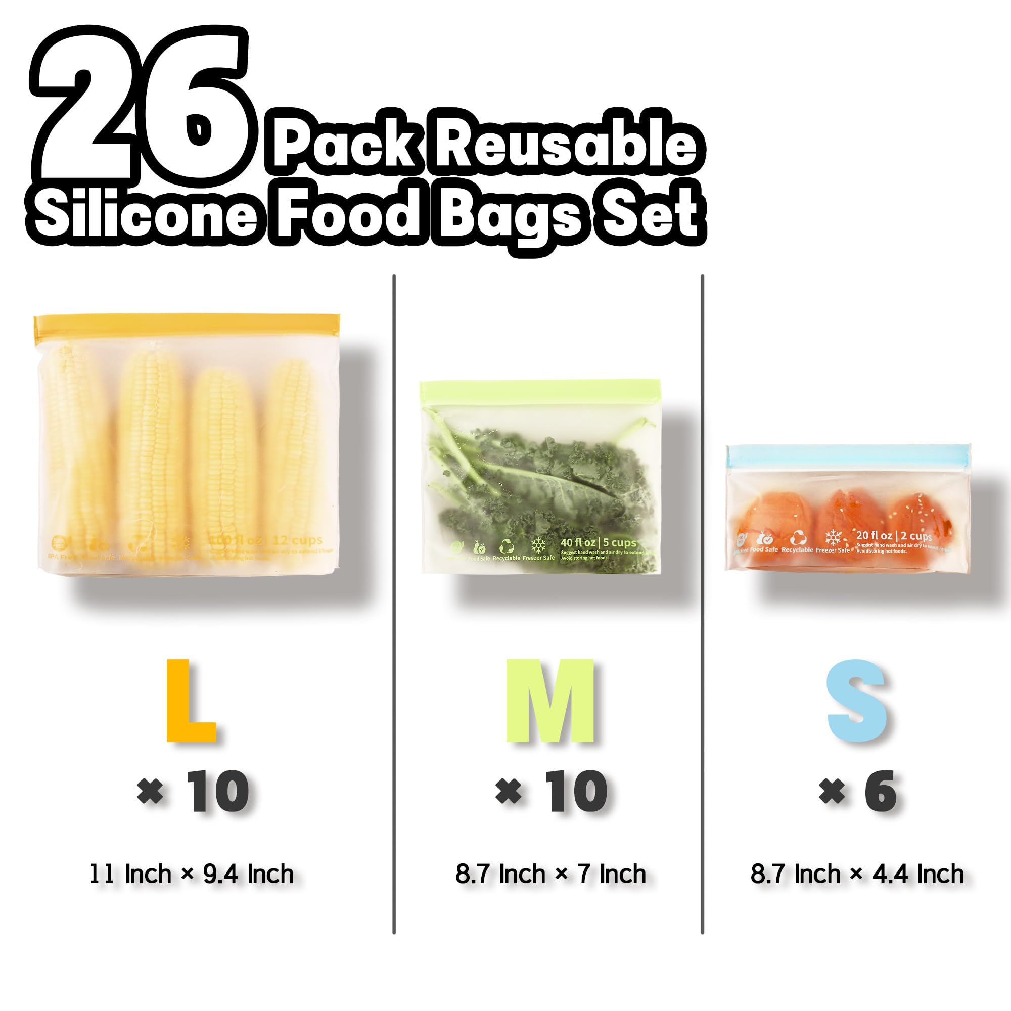 26 Pack Reusable Food Storage Bags, Leakproof & BPA-Free,Stand up Sandwich Bags for Lunch
