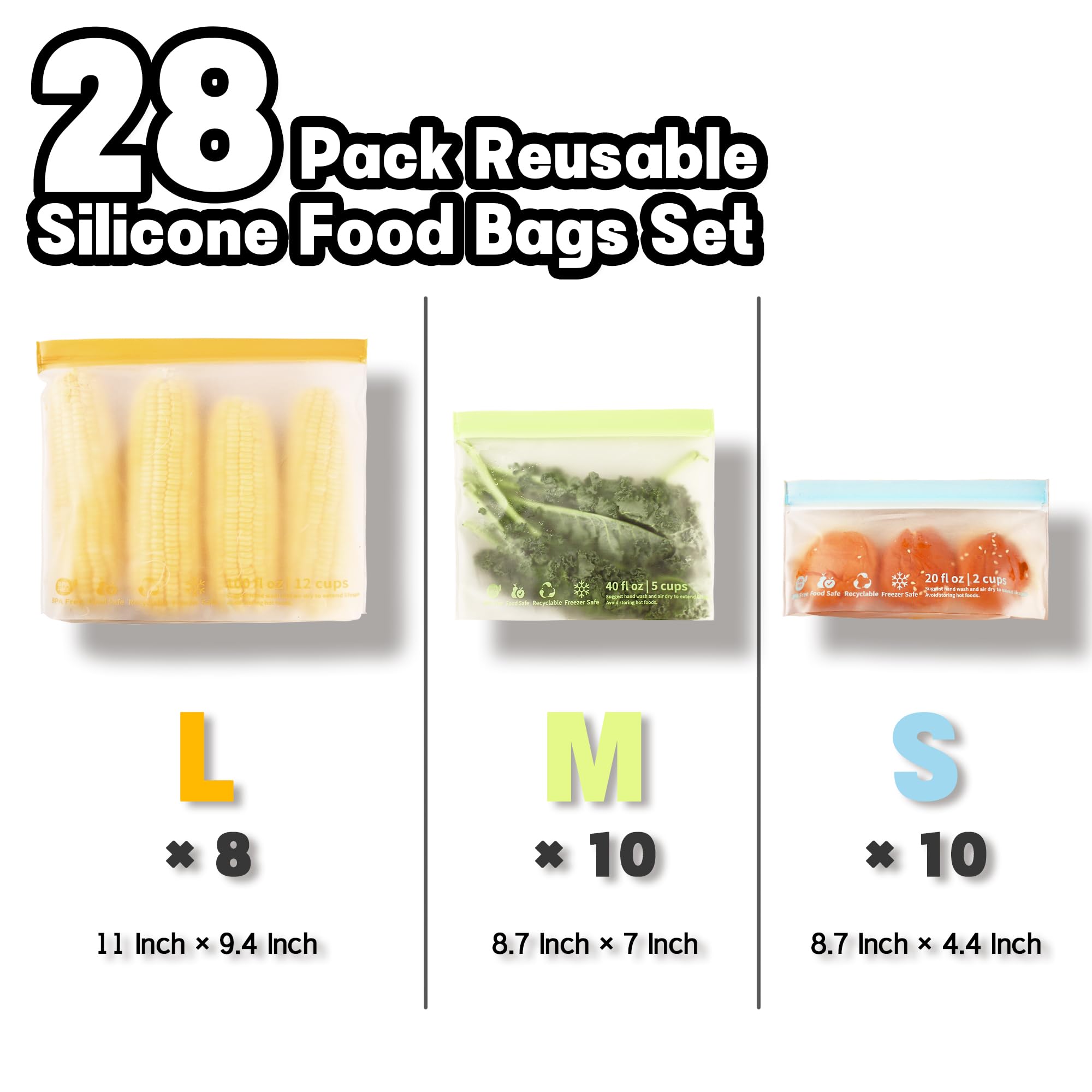 28 Pack Reusable Food Storage Bags, BPA-Free Stand up Sandwich Bags for Lunch, Fruit, Salad