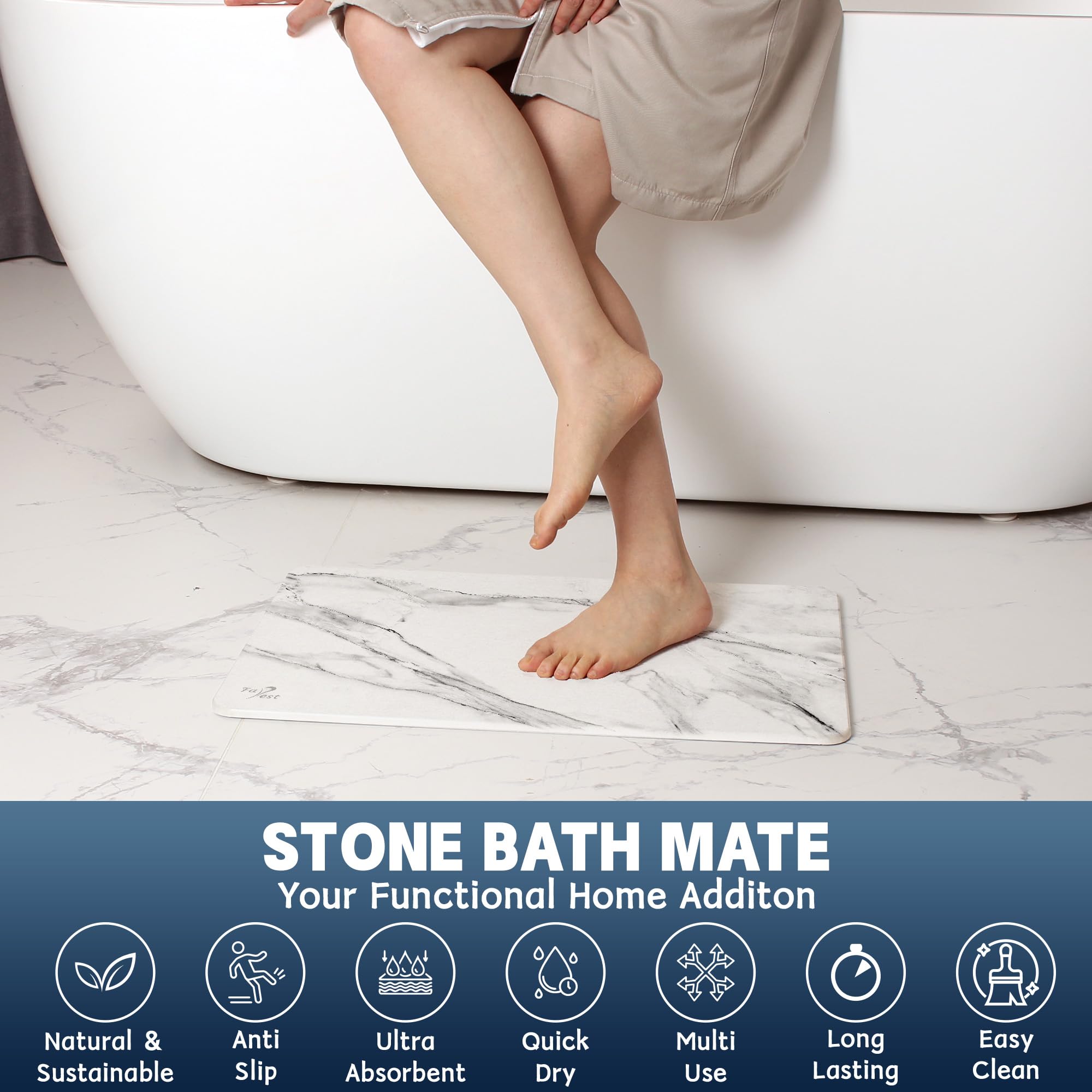 FaRest Stone Bath Mat, Diatomaceous Earth Fast-Drying Absorbent Bathroom Mat, White Marble, 2 Pack