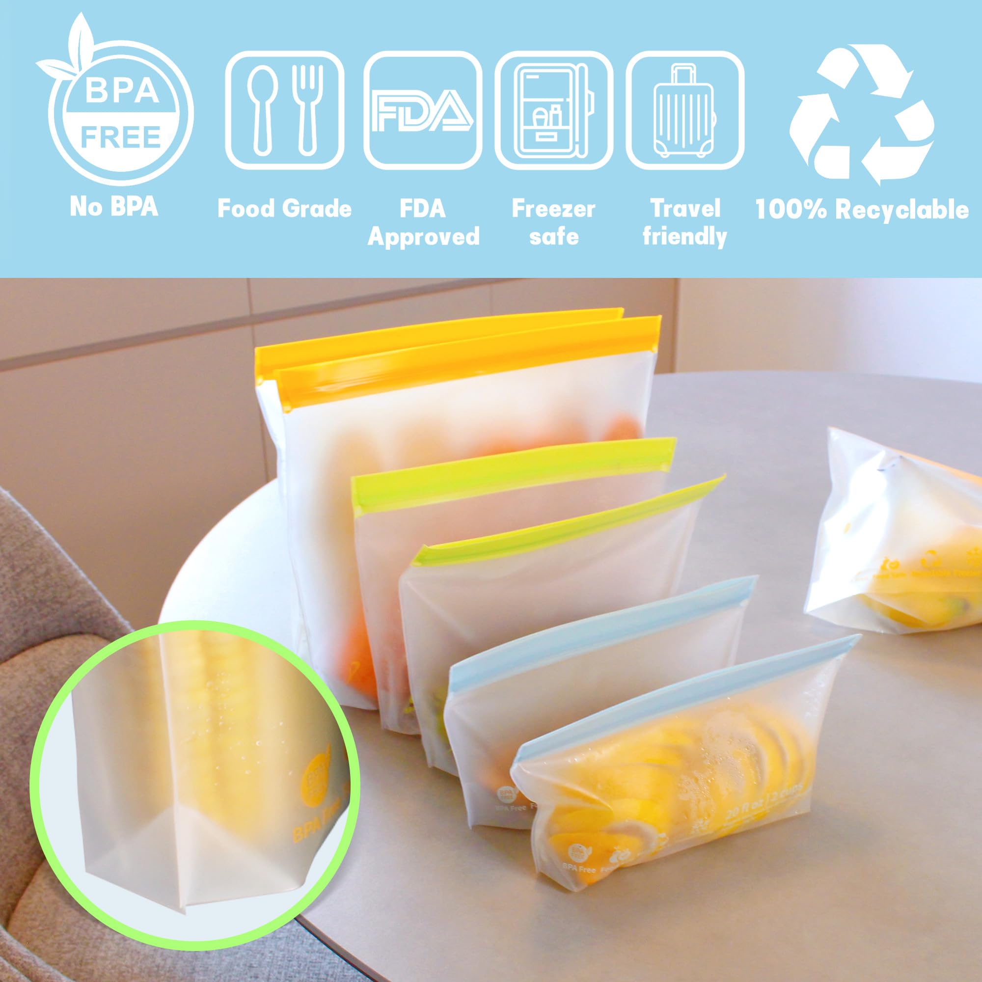 20 Pack Reusable Food Storage Bags, BPA-Free Stand up Sandwich Bags for Lunch, Fruit, Salad