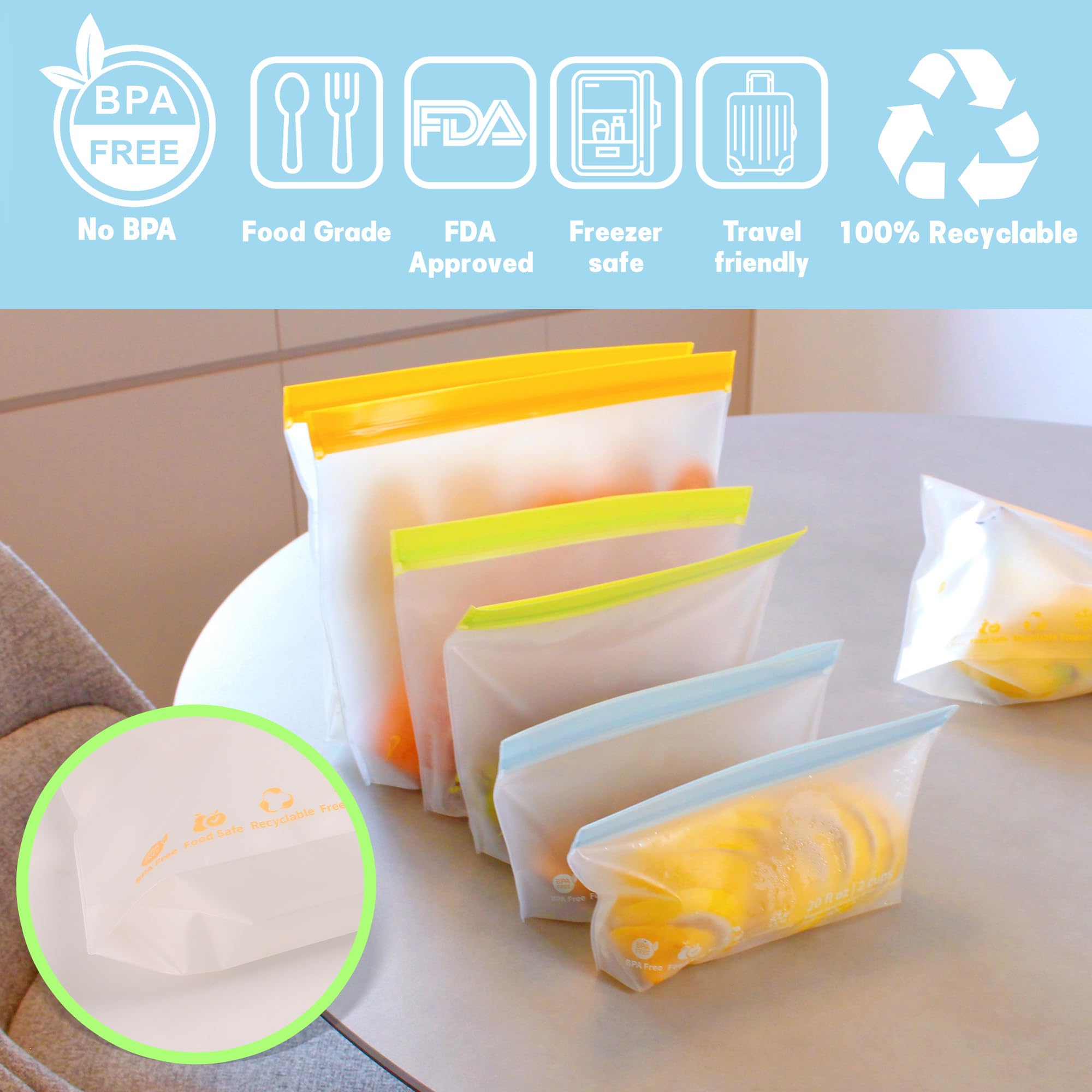 24 Pack Reusable Food Storage Bags, BPA-Free Stand up Sandwich Bags for Lunch, Fruit, Salad