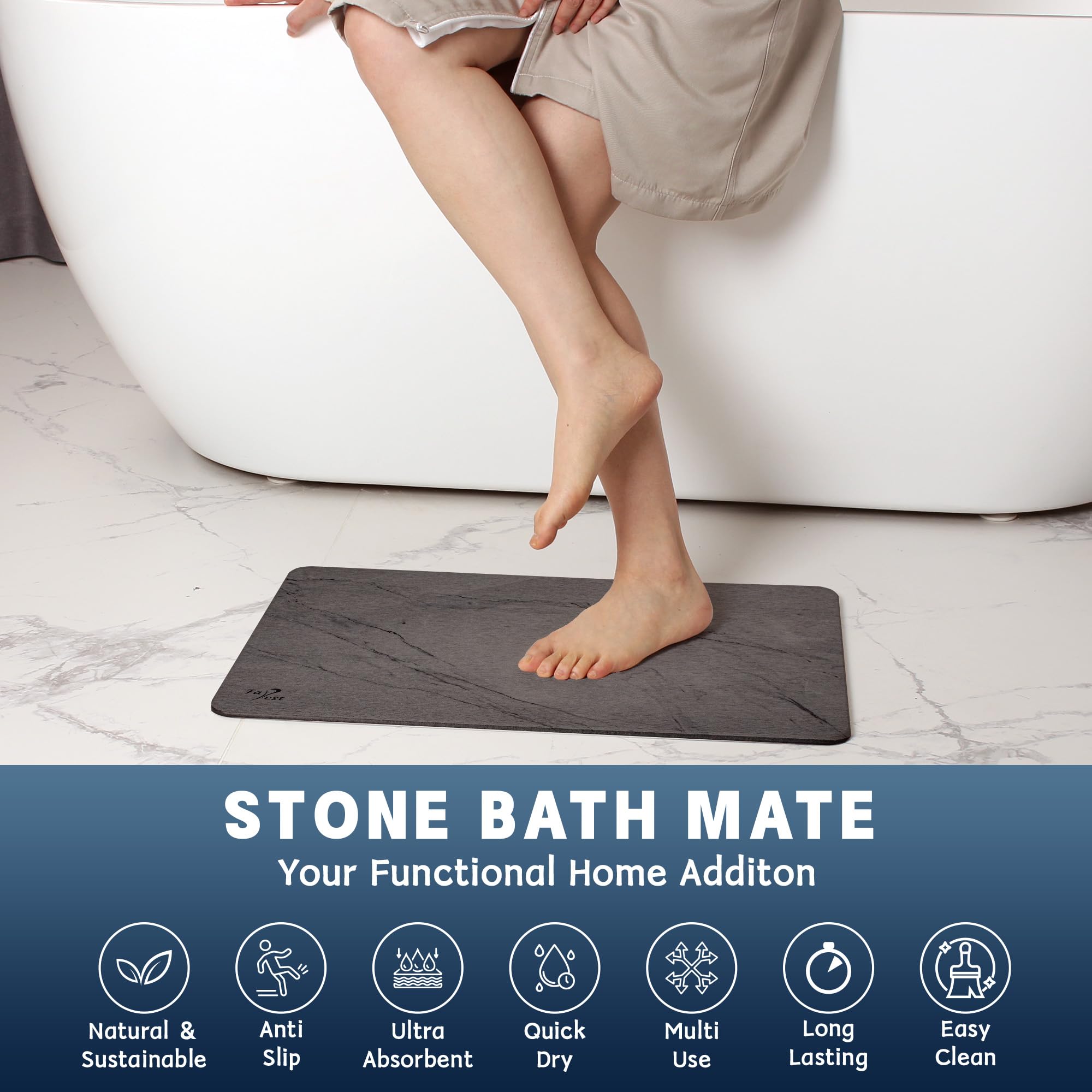 Stone Bath Mat, Diatomaceous Earth Fast-Drying & Absorbent Shower Mat, Non-Slip Diatomite Bathroom Floor Mat for Bathtub, Grey Marble