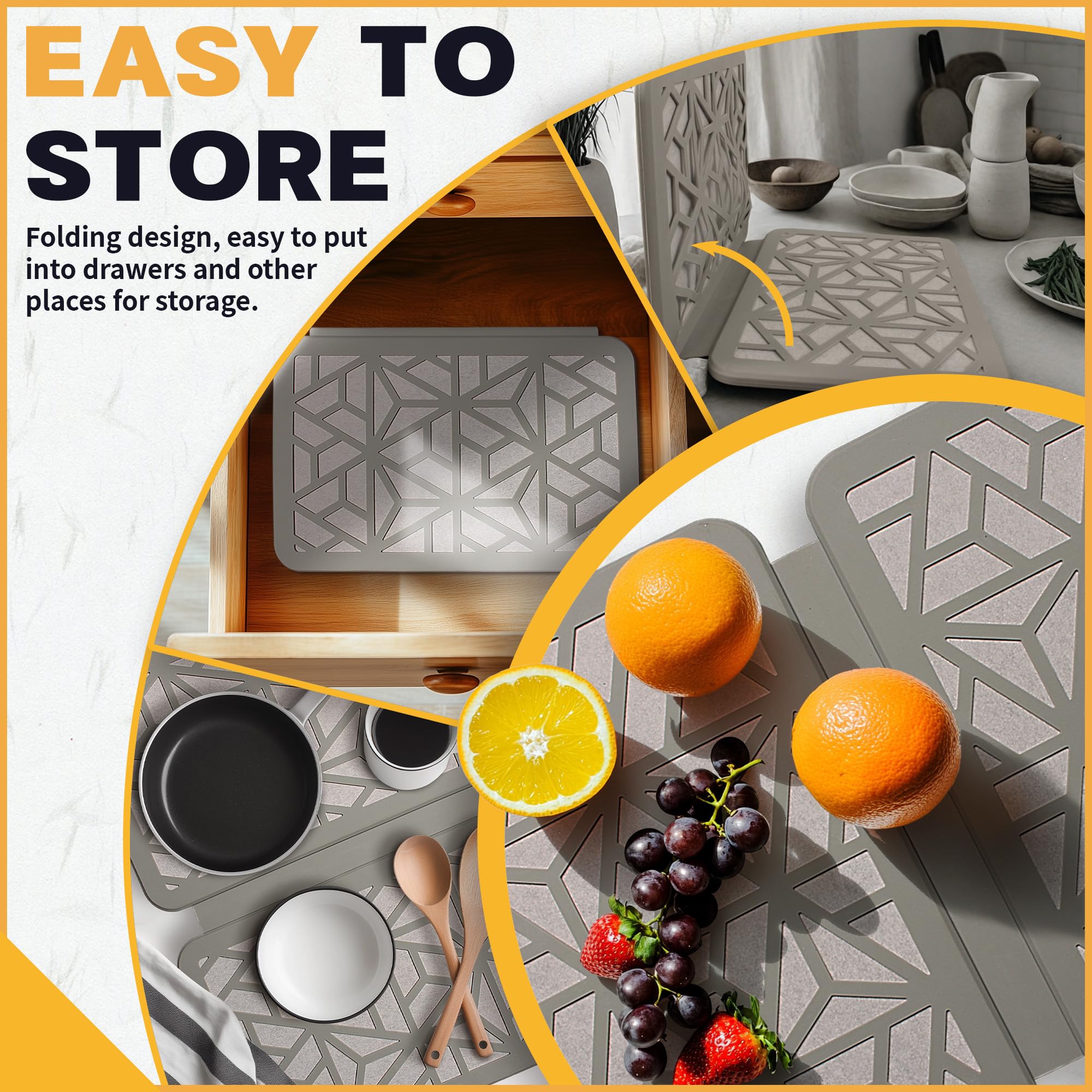 FaRest Stone Dish Drying Mat with Silicone Webbing, Quick-Dry Foldable Kitchen Pad, Light Grey
